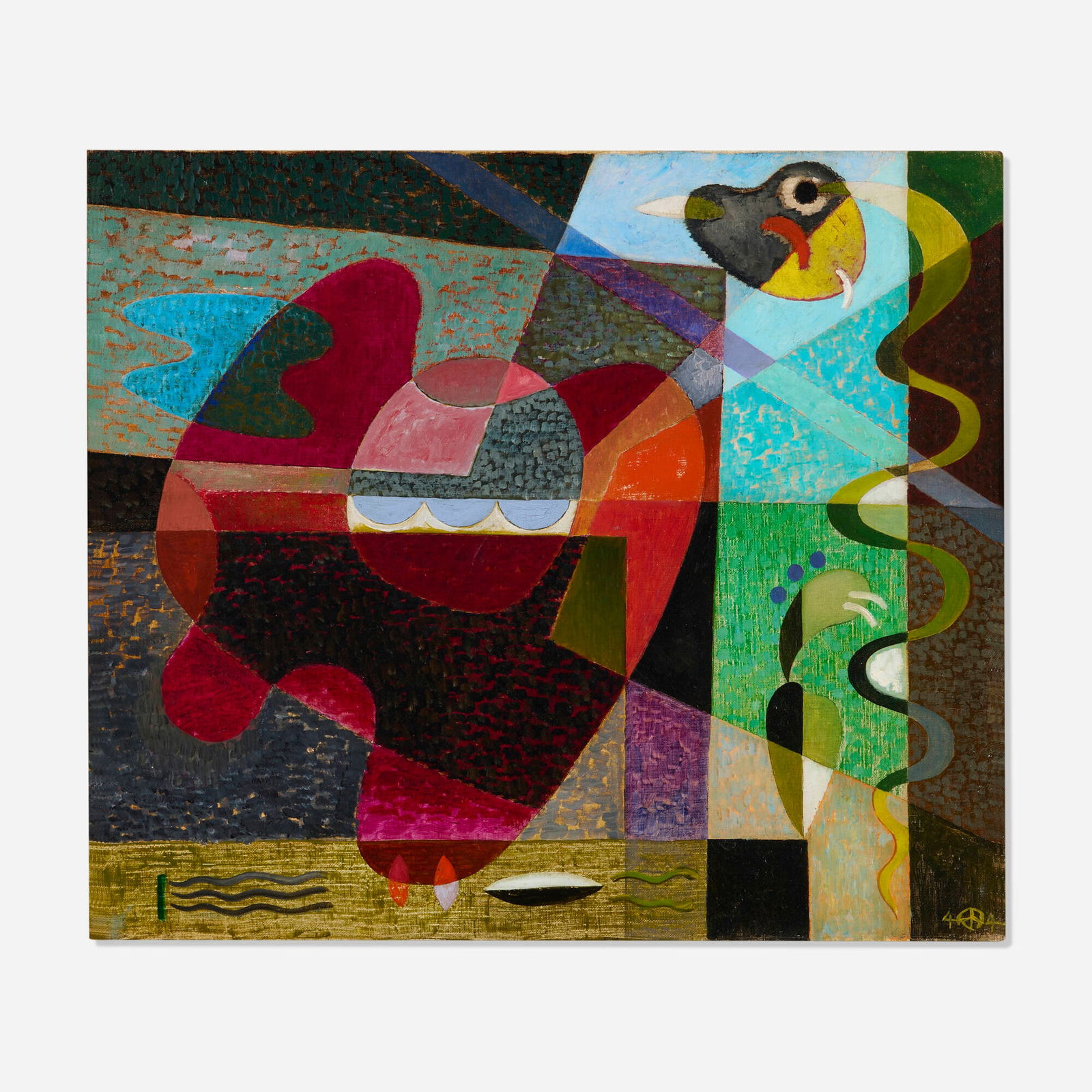 Werner Drewes, Untitled (#391): Werner Drewes Untitled (#391) 1944 oil on canvas 18.25 h x 22 w in (46 x 56 cm) Dated with artist's device to lower right and verso '44'. Provenance: The Artist | Private Collection | Vallarino