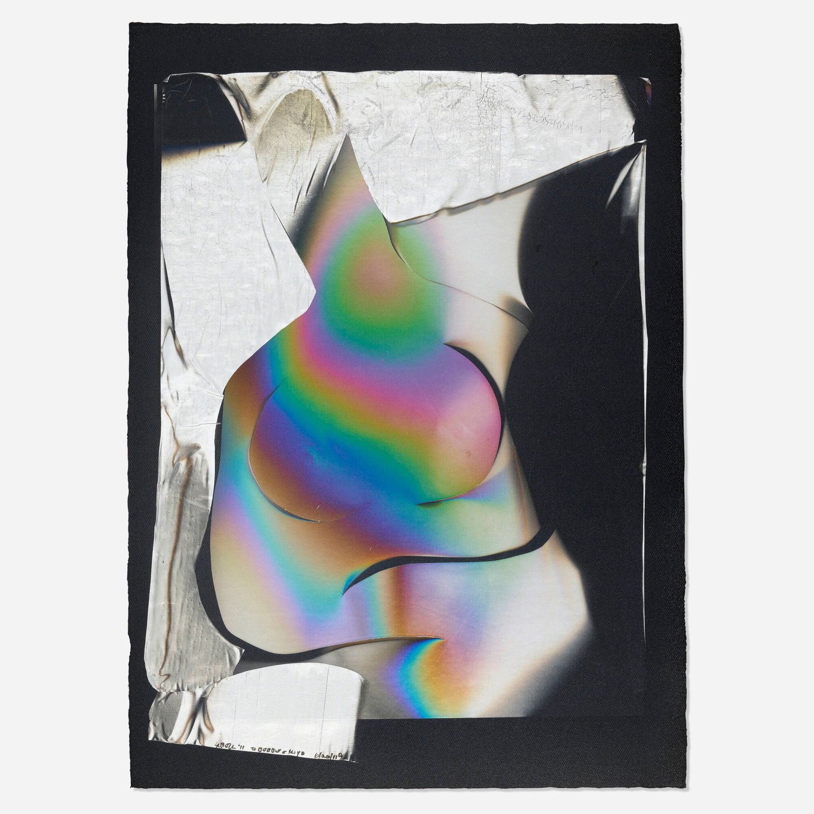 Larry Bell, SF 6.20.11A (Small Figure): Larry Bell SF 6.20.11A (Small Figure) 2011 aluminum and silicon monoxide on paper 30 h x 22 w in (76 x 56 cm) Signed, dated and inscribed to lower left 'L. Bell '11 To Bobby + Kiyo 6/20/11'. 