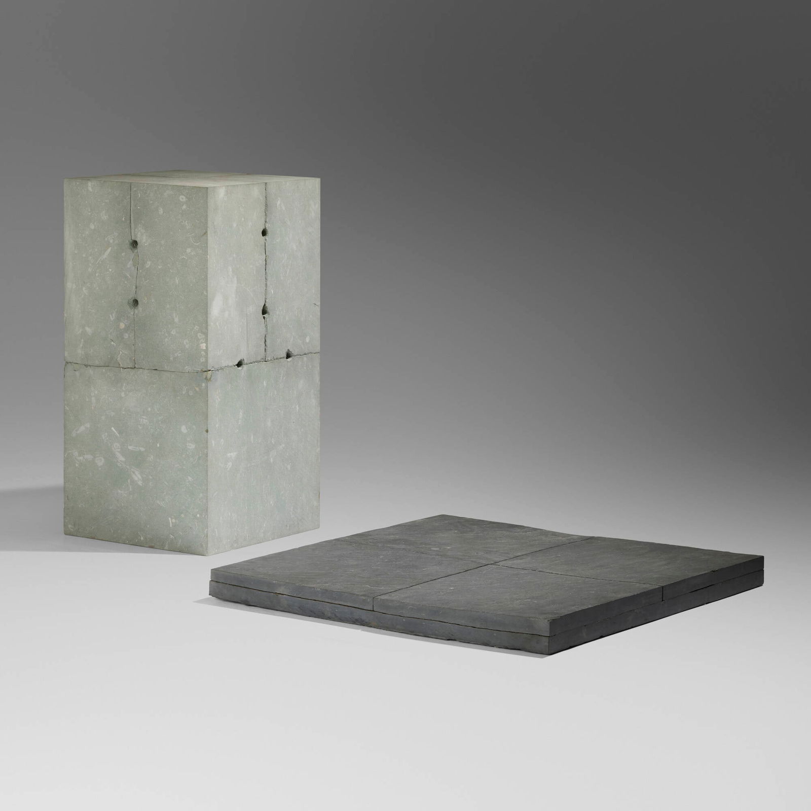 Ulrich Ruckriem, Untitled: Ulrich Ruckriem Untitled 1988 dolomite and slate 39.5 h x 20 w x 20 d in (100 x 51 x 51 cm) 3.25 h x 38.75 w x 38.75 d in (8 x 98 x 98 cm) Provenance: Donald Young Gallery, Chicago | Private