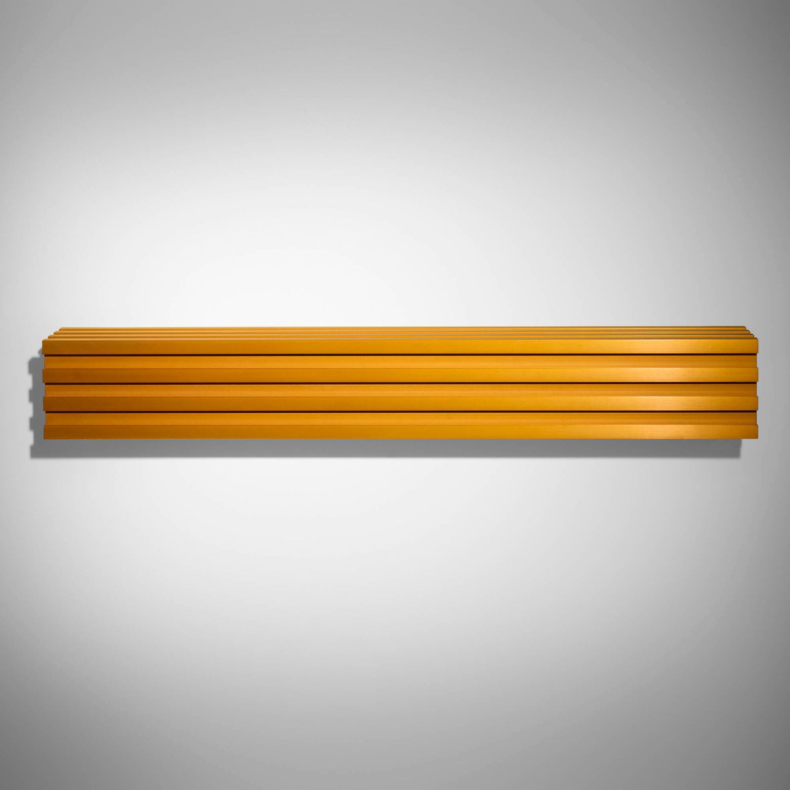 Donald Judd, Untitled (Chrome Yellow): Donald Judd Untitled (Chrome Yellow) 1991 anodized extruded aluminum 5.875 h x 41.5 w x 5.875 d in (15 x 105 x 15 cm) Stamped to plaque at center of one edge 'Donald Judd 1991 Edition Schellmann