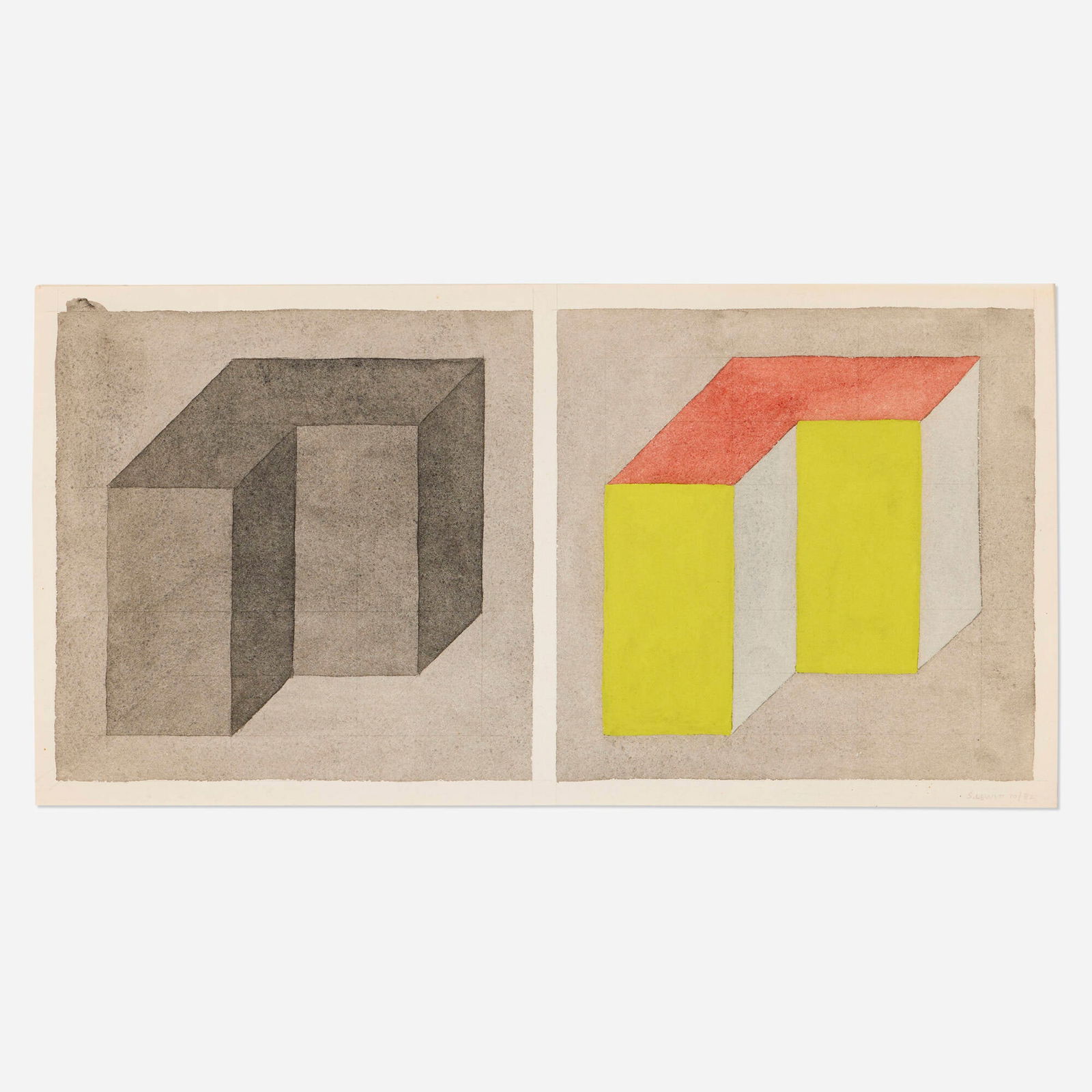 Sol LeWitt, Forms Derived from a Cube (two parts): Sol LeWitt Forms Derived from a Cube (two parts) 1982 graphite and gouache on paper 8.25 h x 16 w in (21 x 41 cm) Signed and dated to lower right 'S. LeWitt 10/82'. Provenance: Ugo Ferranti