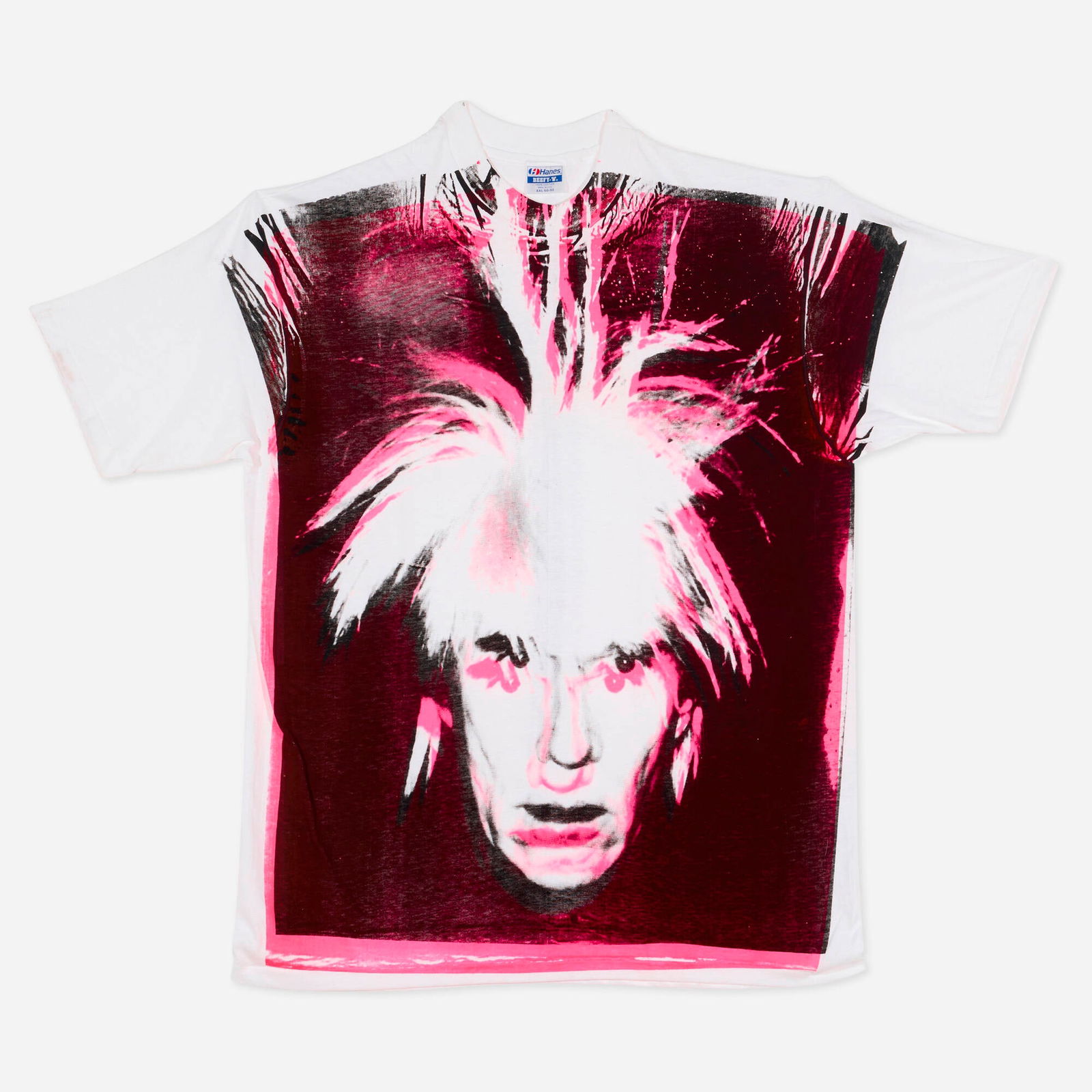Andy Warhol, Self-Portrait with Fright Wig: Andy Warhol Self-Portrait with Fright Wig c. 1986 screenprint in colors on t-shirt 35.5 h x 41.75 w in (90 x 106 cm) Artist and estate stamps to lower interior. Provenance: Christie's Online,