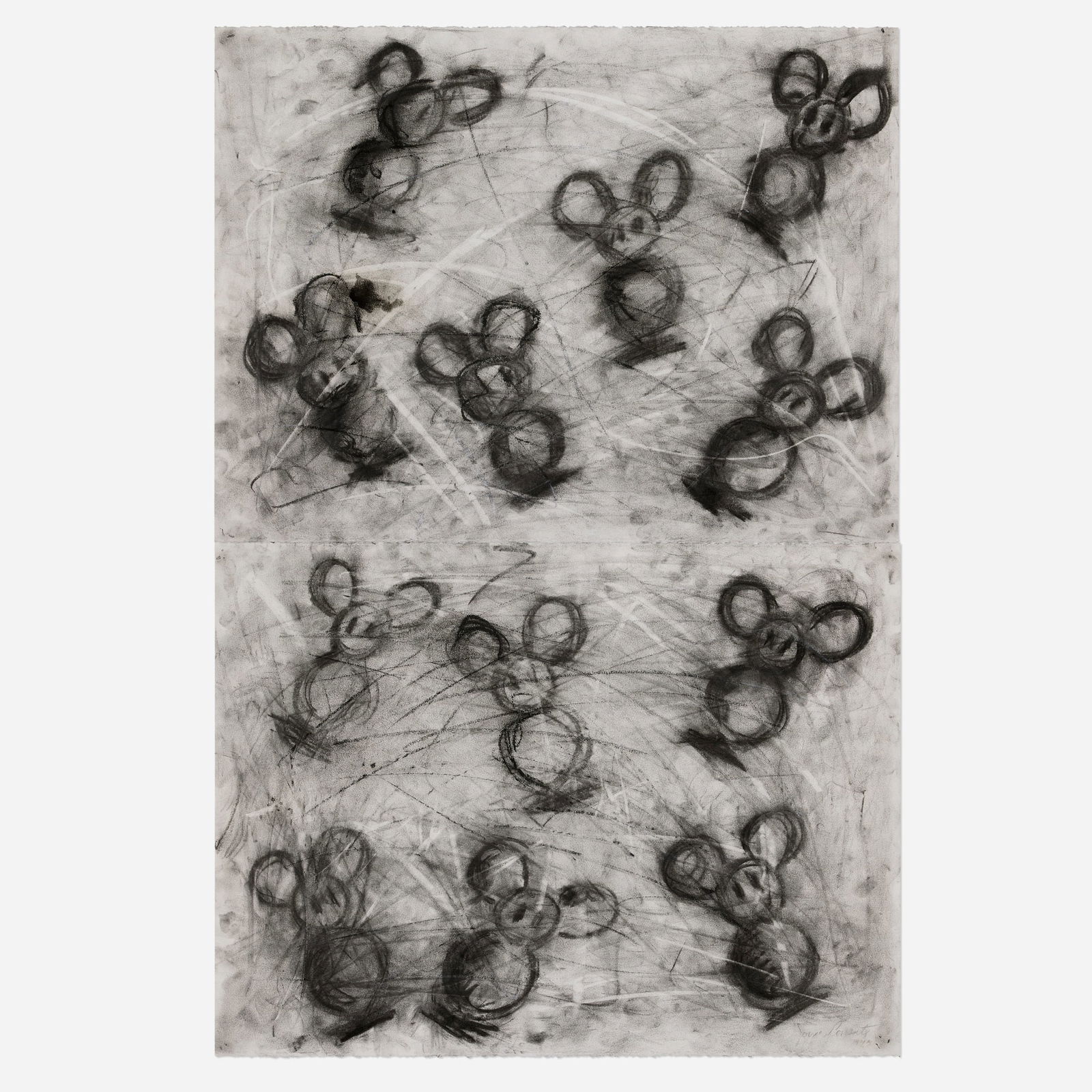 Joyce Marie Pensato, Mickey's Rain (diptych): Joyce Marie Pensato Mickey's Rain (diptych) 1993 graphite, charcoal, and pastel on paper each: 22.5 h x 30.75 w in (57 x 78 cm) overall: 45 h x 30.75 w in (114 x 78 cm) Signed and dated to lower