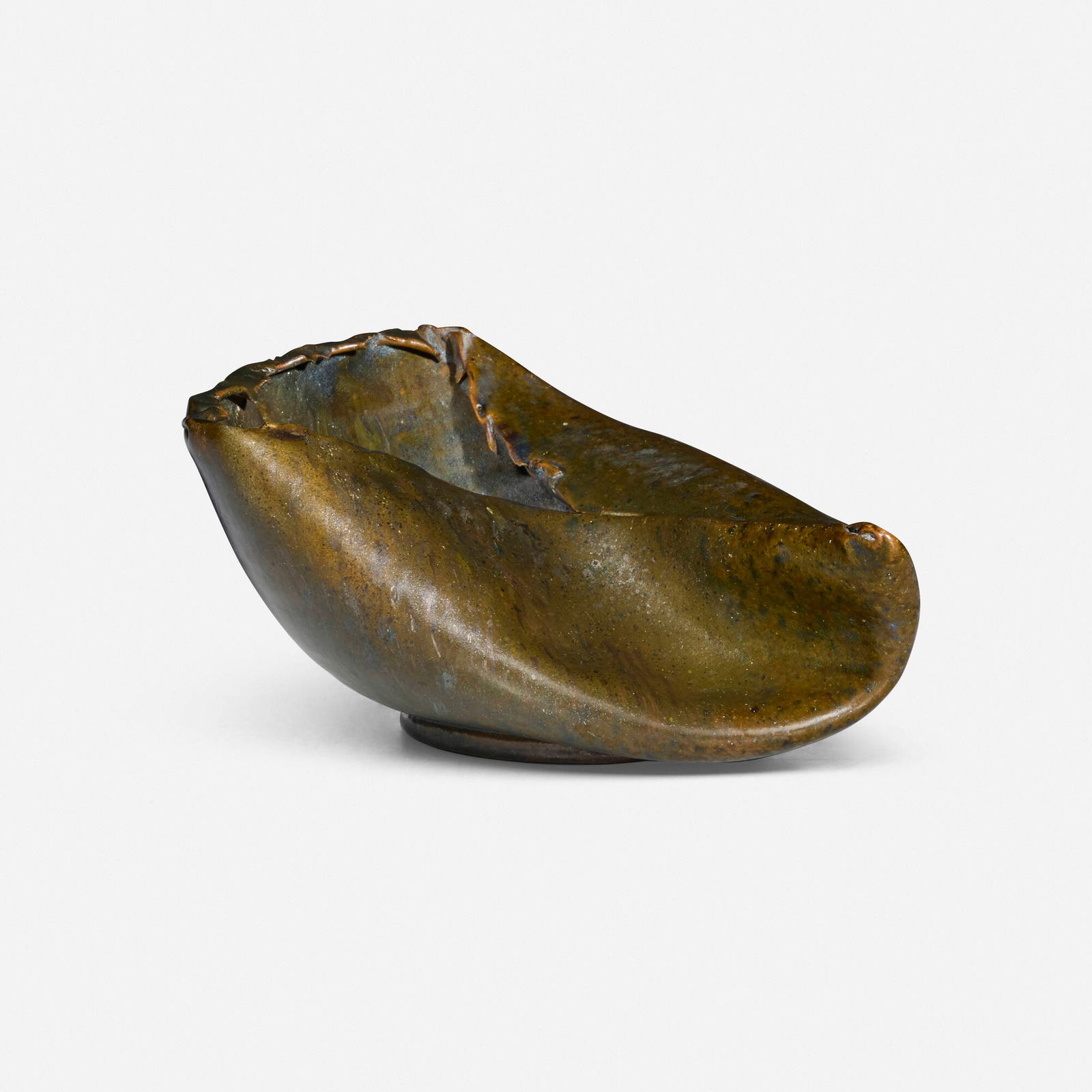 George E. Ohr, Vase: George E. Ohr Vase USA, 1898-1910 glazed earthenware 2.625 h x 6 w x 4.5 d in (7 x 15 x 11 cm) Vase features a manipulated rim and speckled green glaze. Incised script signature and inscription to