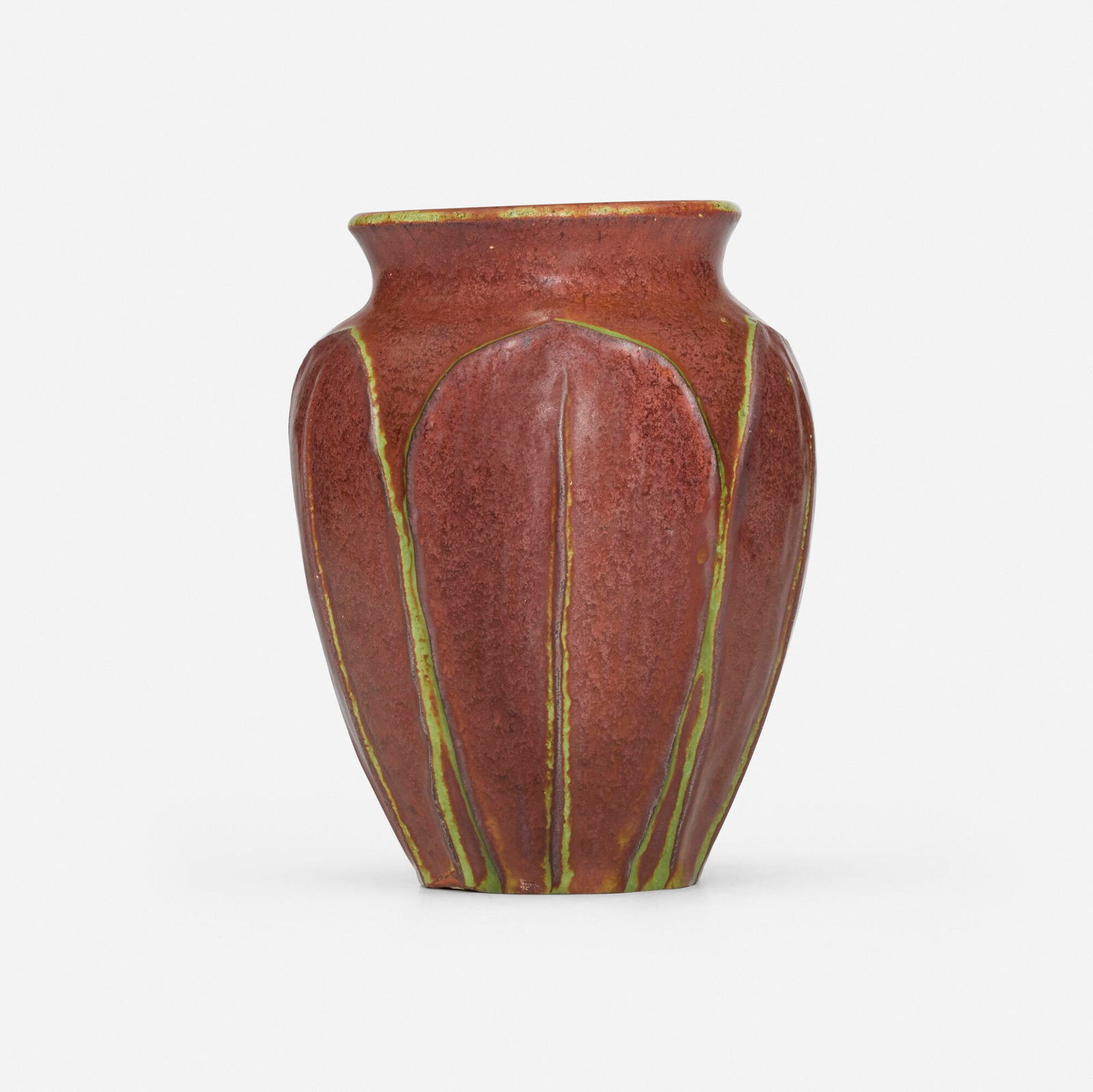 William J. Walley, Vase with leaves: William J. Walley Vase with leaves 1898-1919glazed earthenware 5.75 h x 4.375 dia in (15 x 11 cm) Impressed signature to underside 'WJW'. Provenance: Collection of Robe