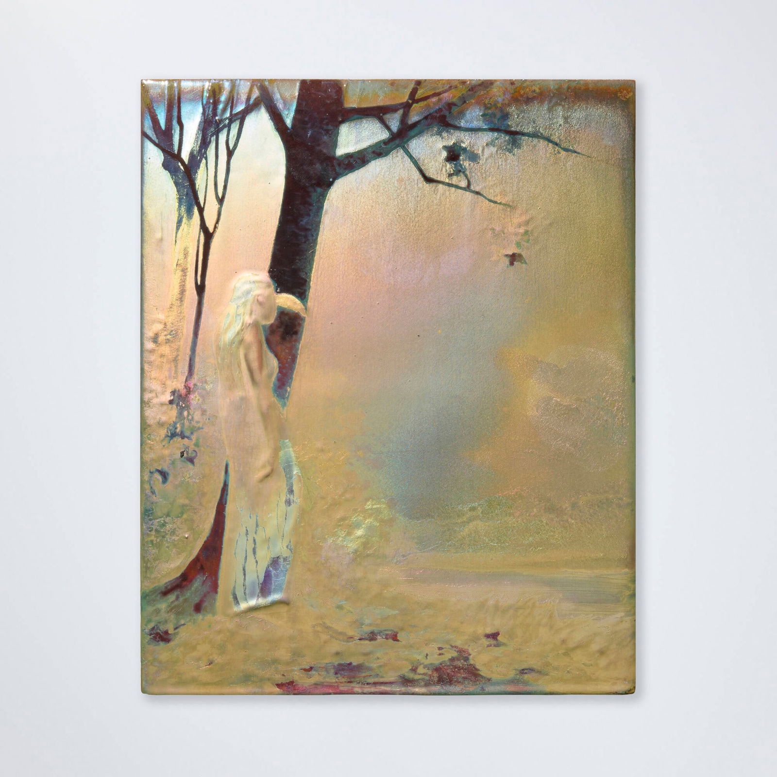 Clement Massier, Tile with figure in landscape: Clement Massier Tile with figure in landscape France, 1900lustre-glazed earthenware 13 h x 10.5 w x 1 d in (33 x 27 x 3 cm) Incised signature and date to verso 'M.C.M. 1900 L'.