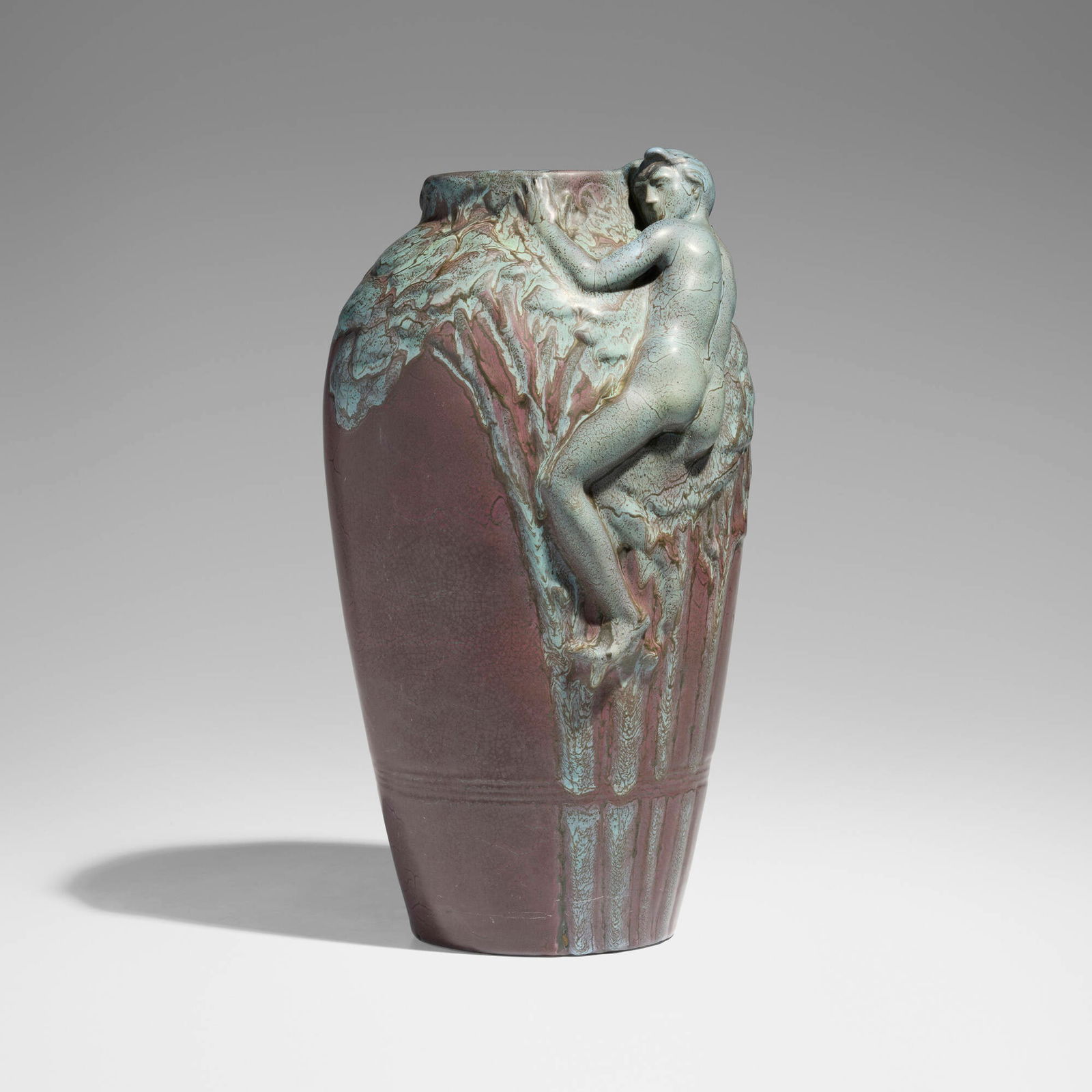 Weller Pottery, Large Fru-Russet vase with male nude climbing tree: Weller Pottery Large Fru-Russet vase with male nude climbing tree USA, c. 1904glazed earthenware 16.25 h x 9.75 w x 8.75 d in (41 x 25 x 22 cm) Incised manufacturer's mark to underside 'Weller