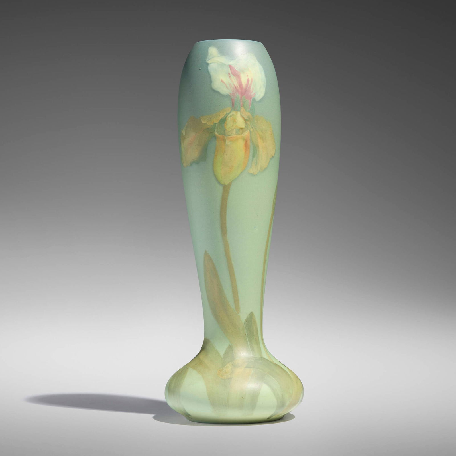 Albert R. Valentien for Rookwood Pottery, Painted Mat vase with lady's slipper orchids: Albert R. Valentien for Rookwood Pottery Painted Mat vase with lady's slipper orchids USA, 1900glazed earthenware 14.125 h x 5 dia in (36 x 13 cm) Impressed manufacturer's mark, date and numbe