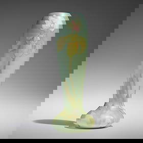 Albert R. Valentien for Rookwood Pottery, Painted Mat vase with lady's slipper orchids: Albert R. Valentien for Rookwood Pottery Painted Mat vase with lady's slipper orchids USA, 1900glazed earthenware 14.125 h x 5 dia in (36 x 13 cm) Impressed manufacturer's mark, date and numbe