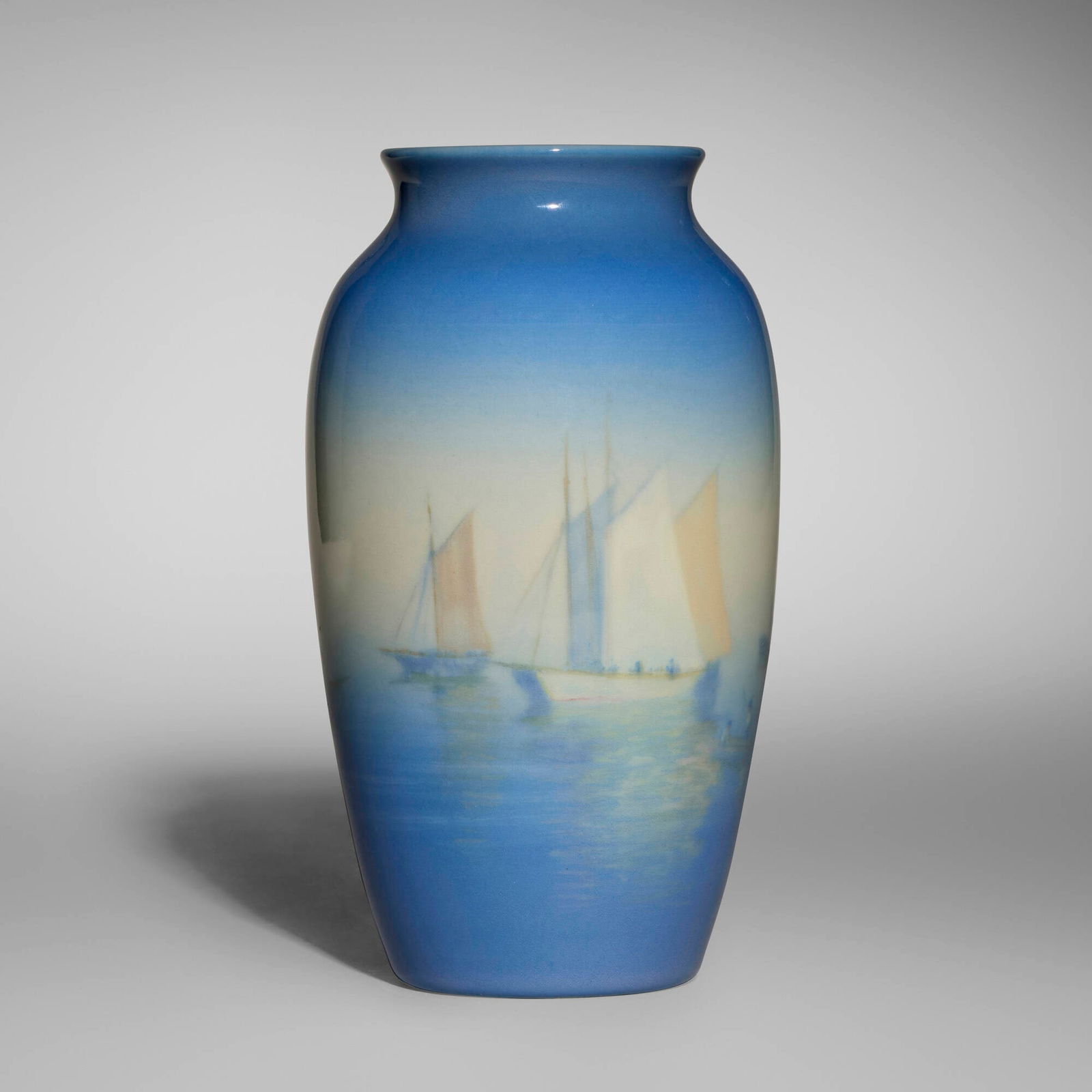 Edward T. Hurley for Rookwood Pottery, Marine scenic Decorated Porcelain vase: Edward T. Hurley for Rookwood Pottery Marine scenic Decorated Porcelain vase USA, 1943glazed porcelain 7 h x 3.75 dia in (18 x 10 cm) Impressed manufacturer's mark, date, and number to undersi