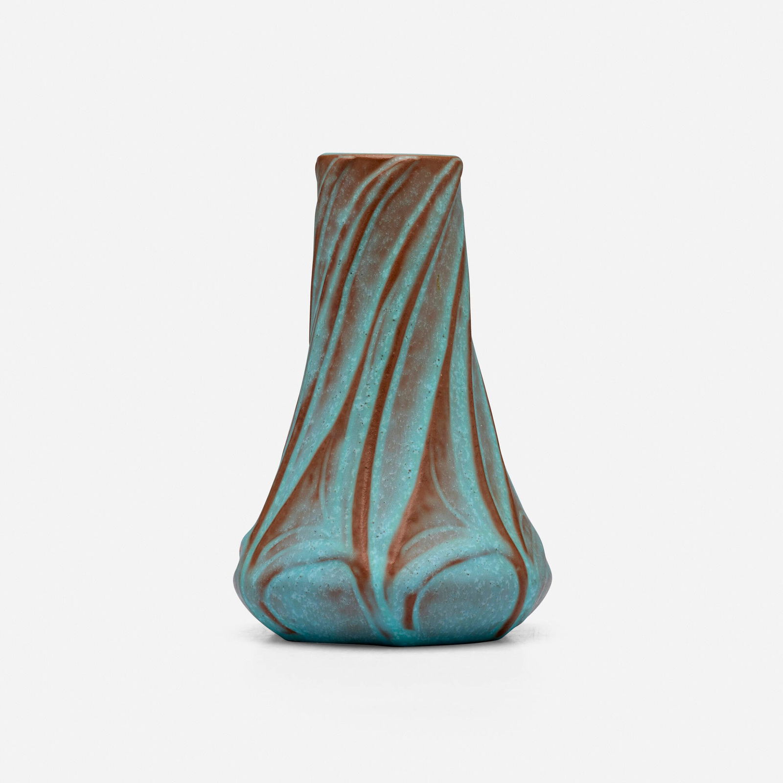 Van Briggle Pottery, Vase with stylized leaves: Van Briggle Pottery Vase with stylized leaves USA, 1906glazed earthenware 5.375 h x 3.5 dia in (14 x 9 cm) Incised manufacturer's mark and date to underside 'AA Van Briggle Colo. Springs 1906'