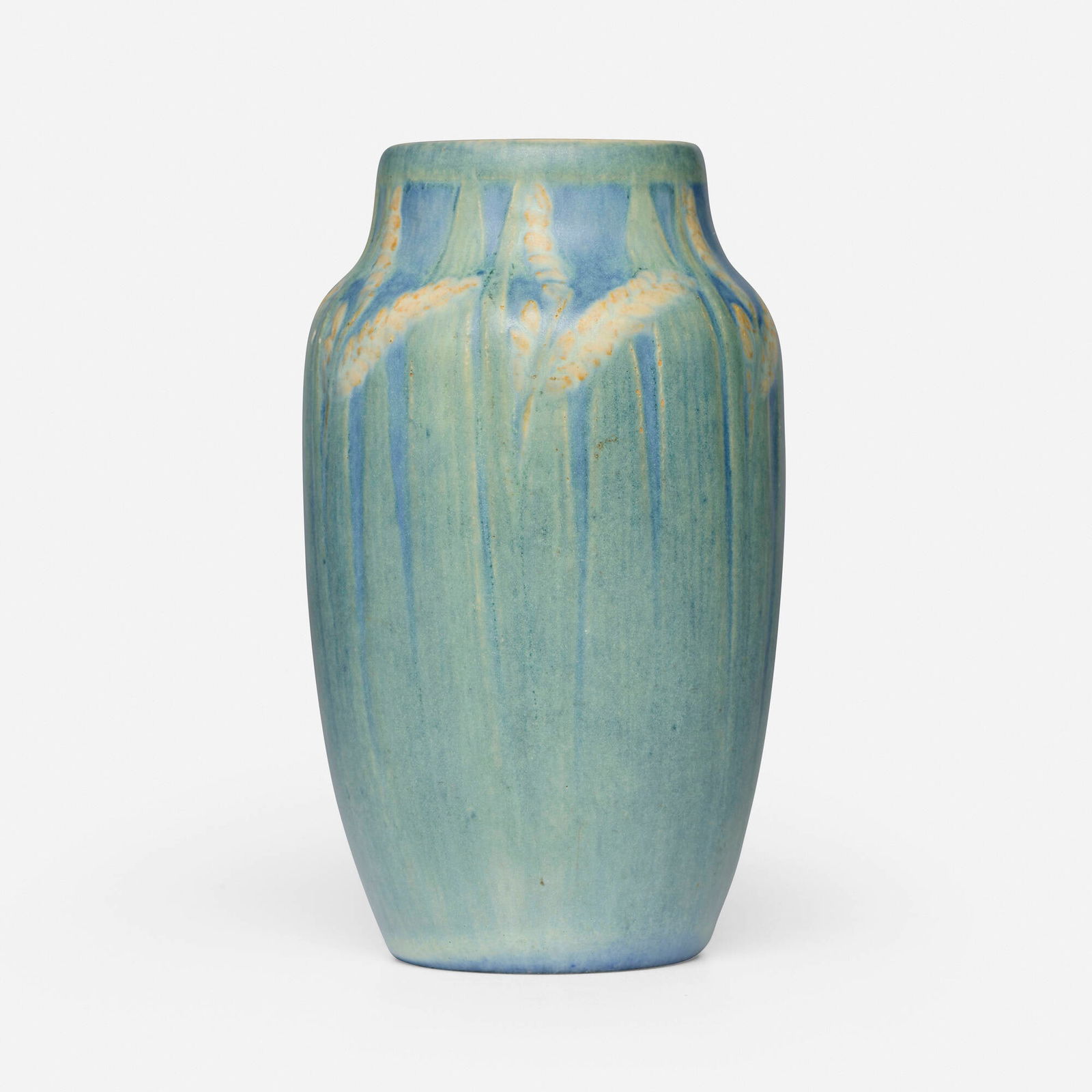 Henrietta Bailey for Newcomb College Pottery, Transitional vase with wheat: Henrietta Bailey for Newcomb College Pottery Transitional vase with wheat USA, 1914glazed earthenware 5.375 h x 3 dia in (14 x 8 cm) Impressed and glazed manufacturer's mark and number to unde