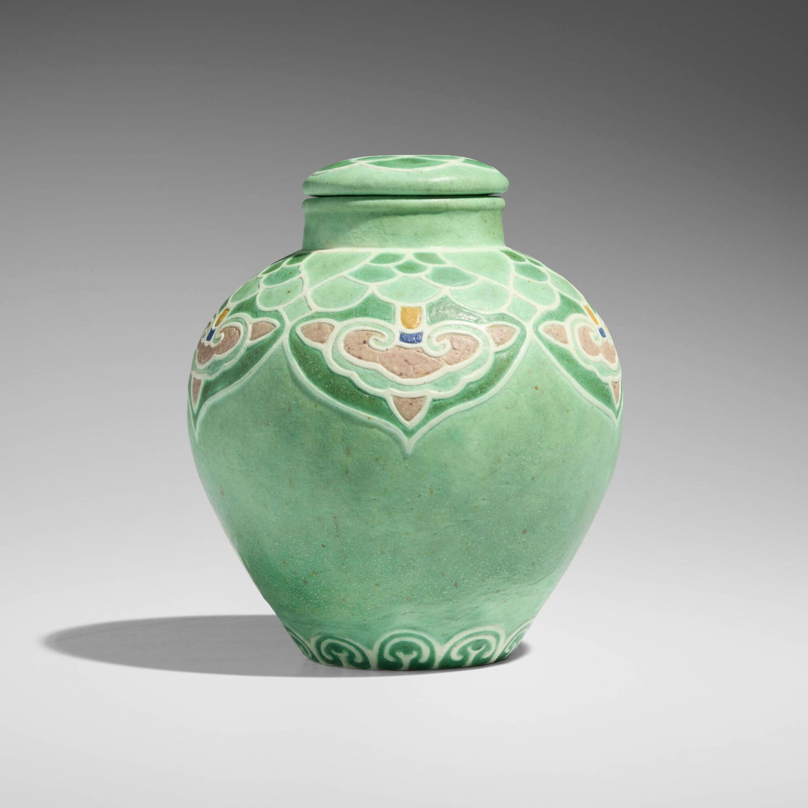 Grueby Faience Company, Exceptional and Rare covered jar with Ruyi head decoration (1 of 4)
