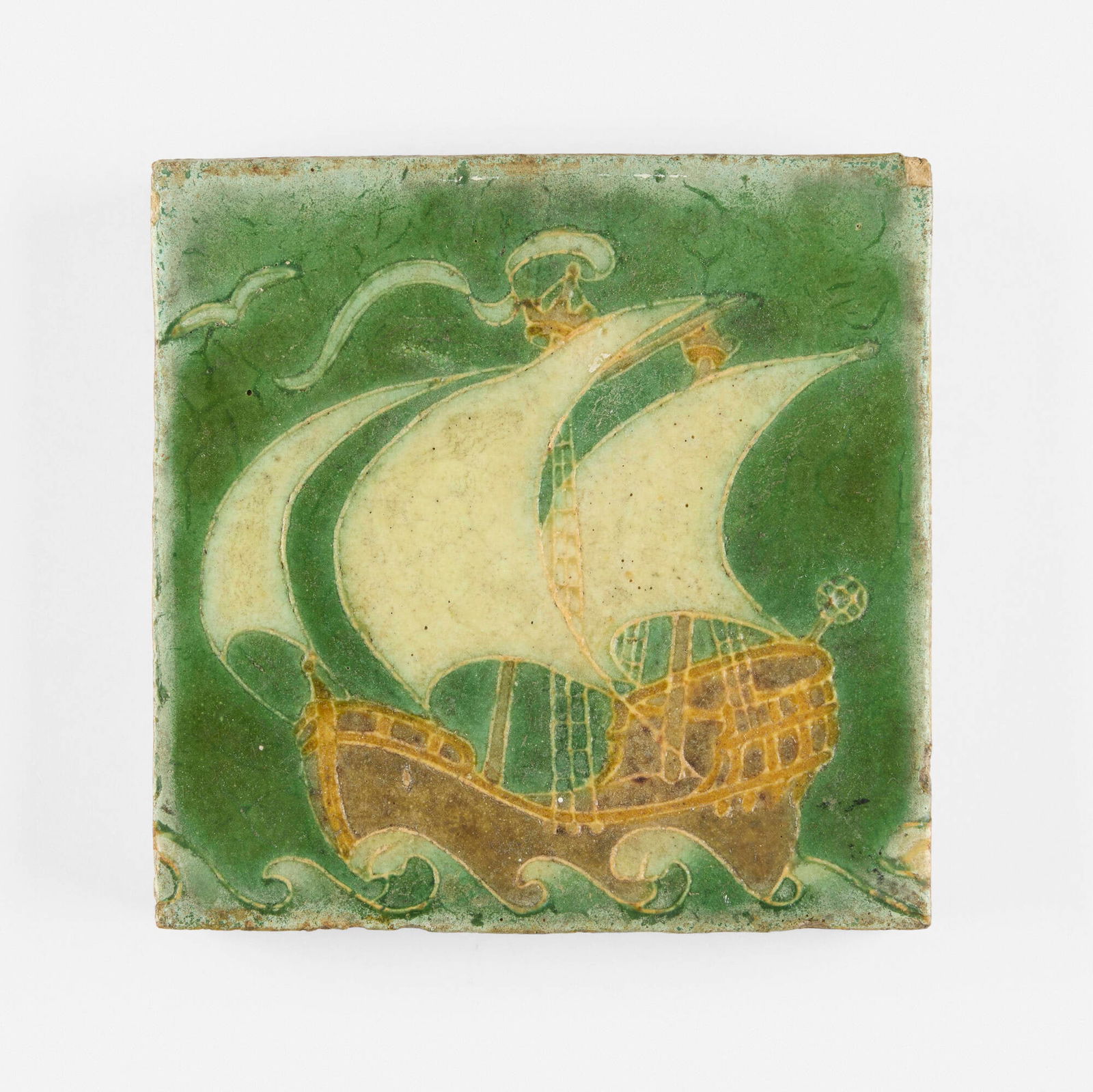 Grueby Faience Company, Tile with galleon (1 of 2)