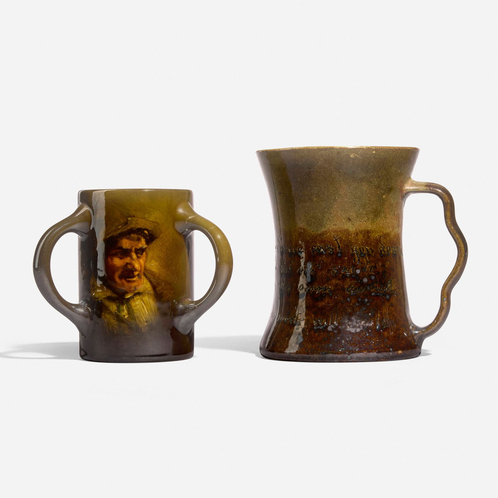 George E. Ohr and Sadie Markland for Rookwood Pottery, Tabletop accessories, set of two: George E. Ohr and Sadie Markland for Rookwood Pottery Tabletop accessories, set of two USA, 1897, 1898-1910glazed earthenware 5.25 h x 5.25 w x 4 d in (13 x 13 x 10 cm) 4.25 h x 4.75 dia in (11 x
