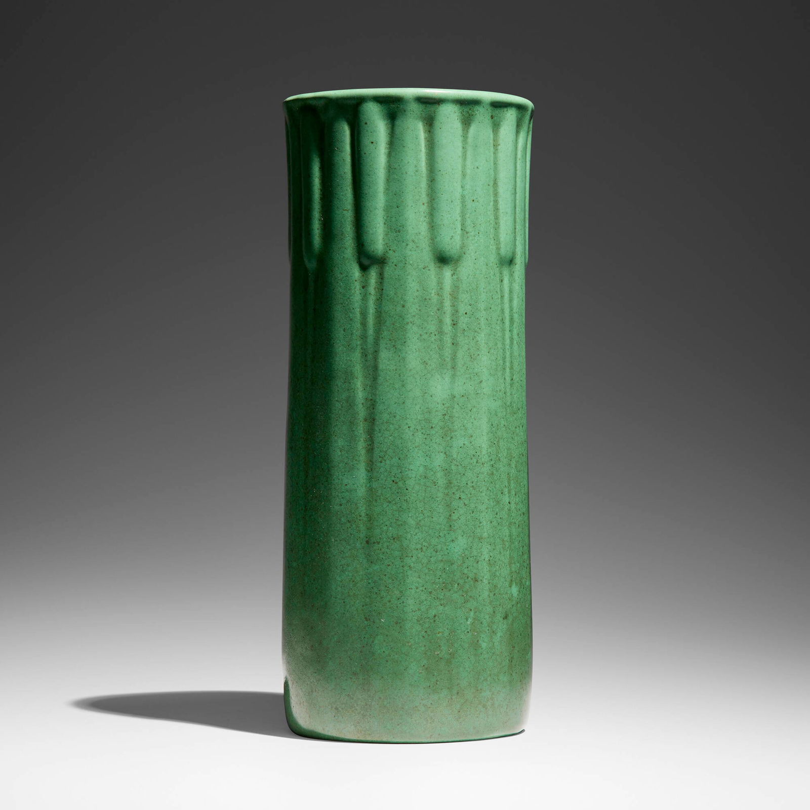 R.A. Hirschfeld for Teco Pottery, Rare vase with cattails, model 293: R.A. Hirschfeld for Teco Pottery Rare vase with cattails, model 293 USA, c. 1910 glazed earthenware 12 h x 5 dia in (30 x 13 cm) Vase features a glossy glaze with some charcoaling. Twice impressed