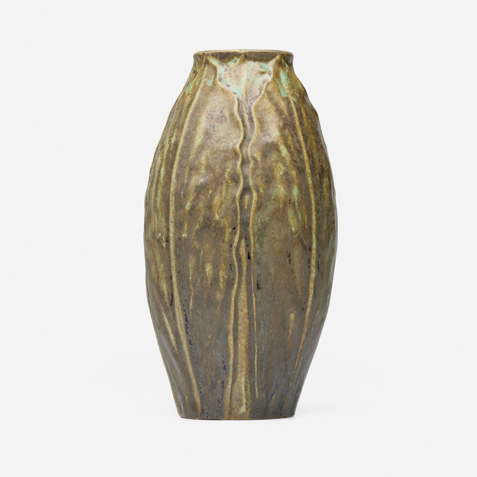 Northwestern Terra Cotta Co. (Norweta), Vase with leaves: Northwestern Terra Cotta Co. (Norweta) Vase with leaves USA, c. 1910 glazed earthenware 7.75 h x 4 dia in (20 x 10 cm) Impressed manufacturer's mark to underside 'Norweta'. This work will ship