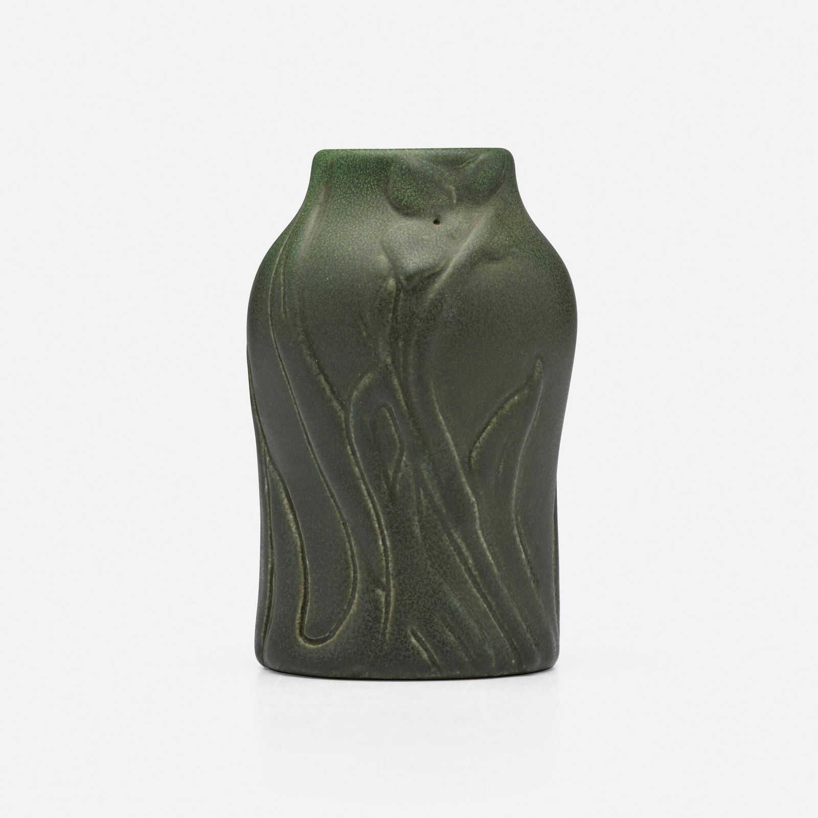 Artus Van Briggle for Van Briggle Pottery, Early vase with spiderwort: Artus Van Briggle for Van Briggle Pottery Early vase with spiderwort USA, 1902glazed earthenware 4.5 h x 2.875 dia in (11 x 7 cm) Incised signature, date and number to underside 'AA Van Briggl