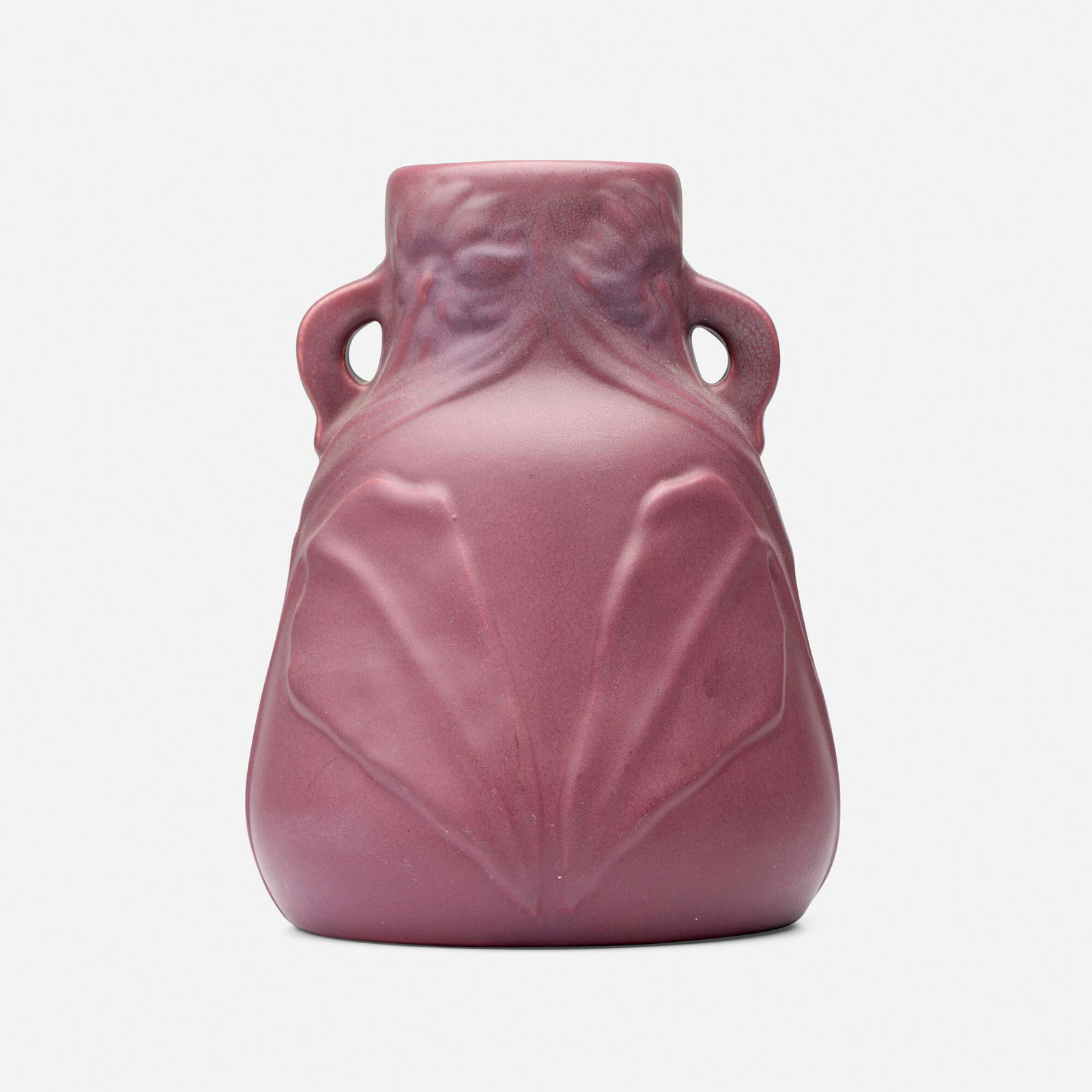 Artus Van Briggle for Van Briggle Pottery, Early vase with flower and leaves: Artus Van Briggle for Van Briggle Pottery Early vase with flower and leaves USA, 1903 glazed earthenware 9.625 h x 7.5 dia in (24 x 19 cm) Incised signature, date and number to underside 'AA Van