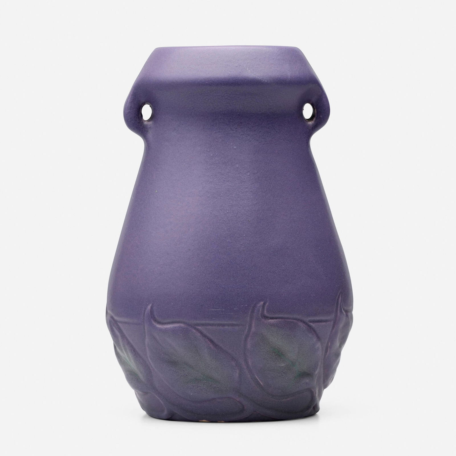 Artus Van Briggle for Van Briggle Pottery, Early vase with leaves: Artus Van Briggle for Van Briggle Pottery Early vase with leaves USA, 1903 glazed earthenware 9.25 h x 6 dia in (23 x 15 cm) Incised signature, date and number to underside 'AA Van Briggle 1903