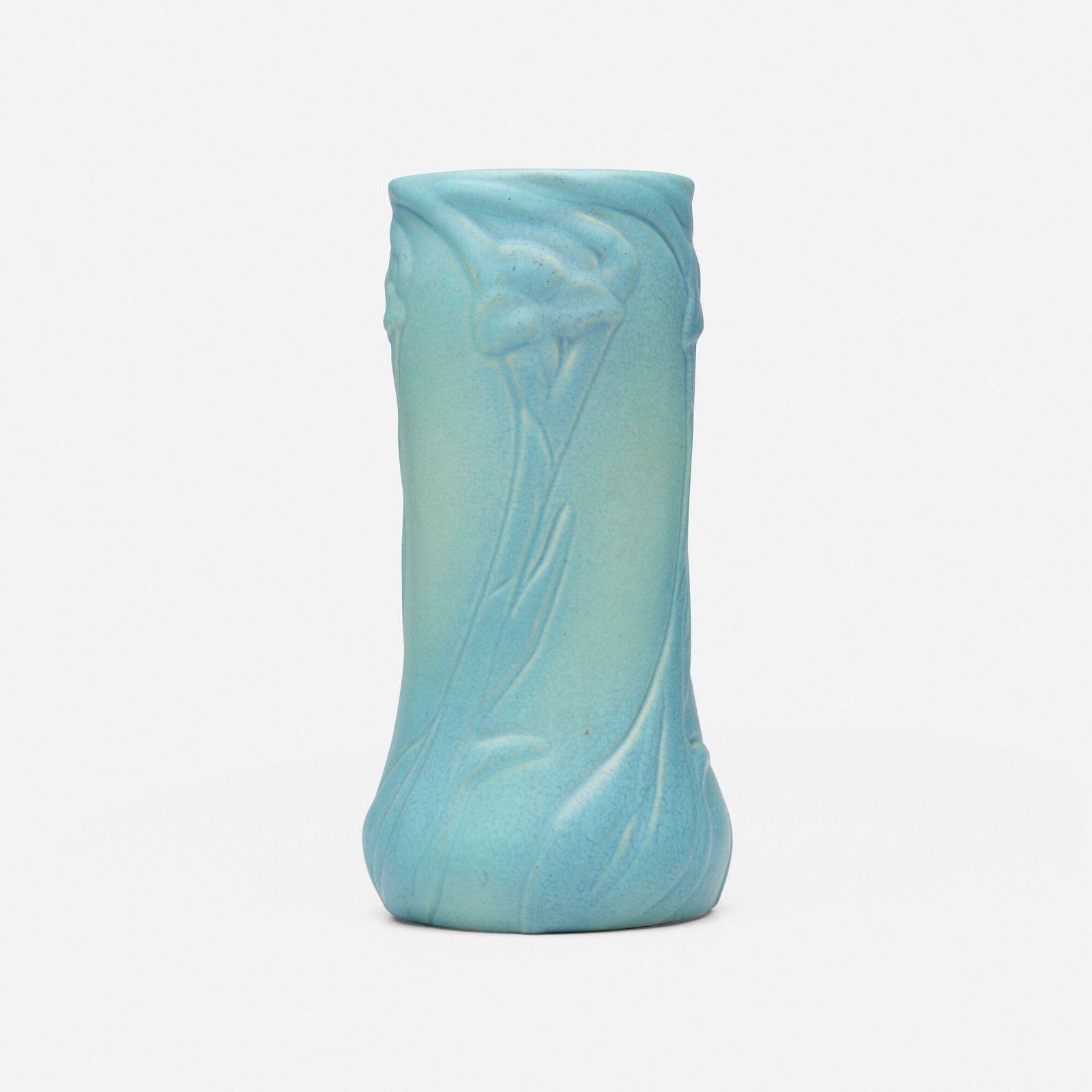 Van Briggle Pottery, Early vase with spiderwort: Van Briggle Pottery Early vase with spiderwort USA, 1905 glazed earthenware 7.75 h x 3.75 dia in (20 x 10 cm) Incised manufacturer's mark, date and number to underside 'AA Van Briggle X 1905' with