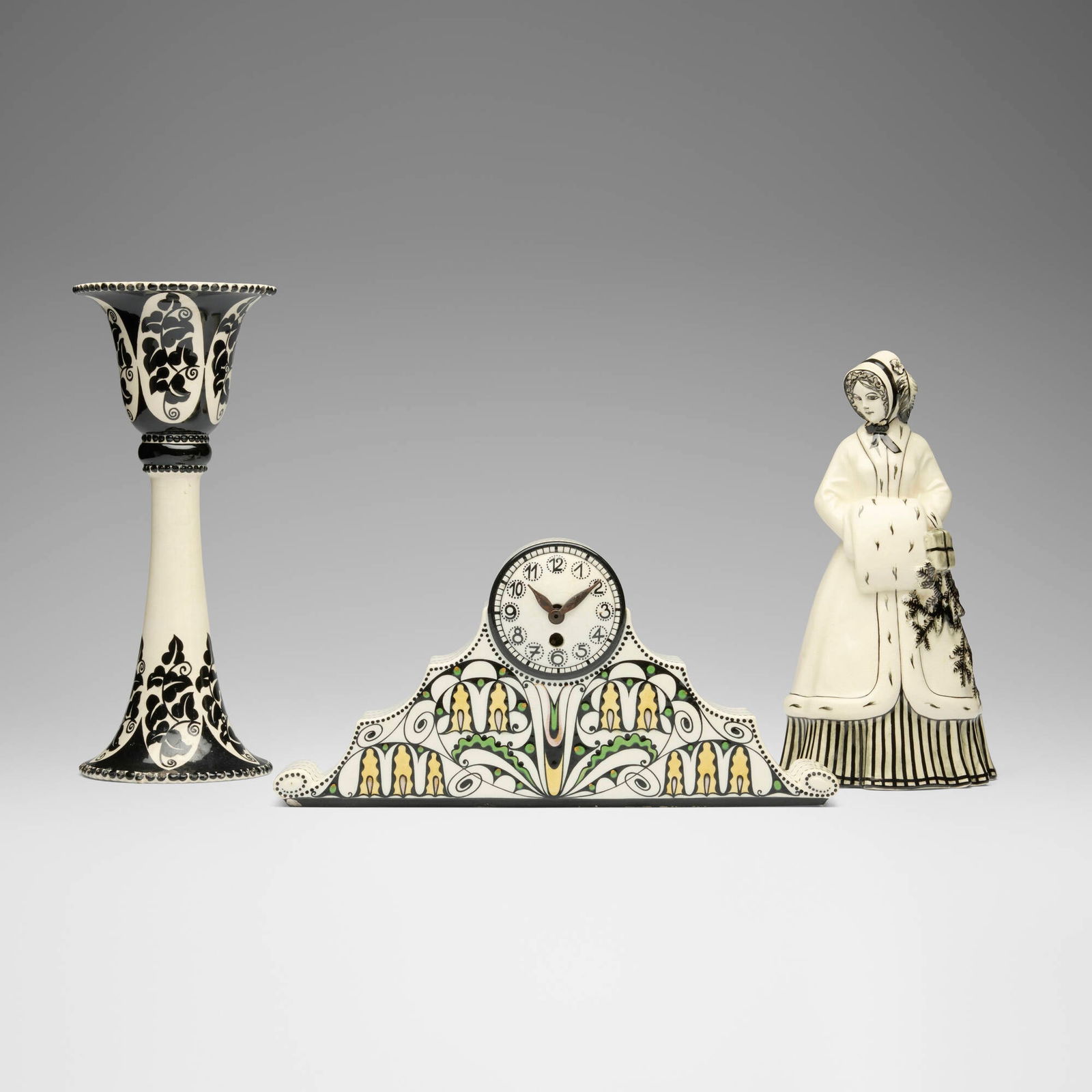 Ernst Wahliss and Wiener Kunstkeramische Werkstätte, Collection of three works: Ernst Wahliss and Wiener Kunstkeramische Werkstätte Collection of three works Austria, c. 1910glazed earthenware, brass chalice: 11.25 h x 4.5 dia in (29 x 11 cm) figure: 9.75 h x 5 w x 4.5 d in (