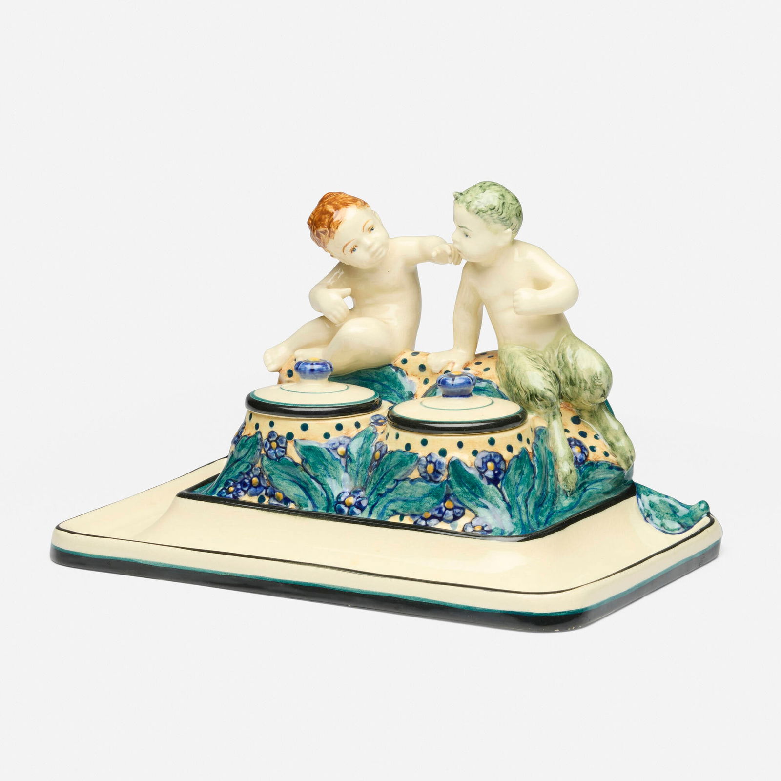 Wilhelm Suss for Karlsruher Majolika, Double inkwell with putto and faun (1 of 5)
