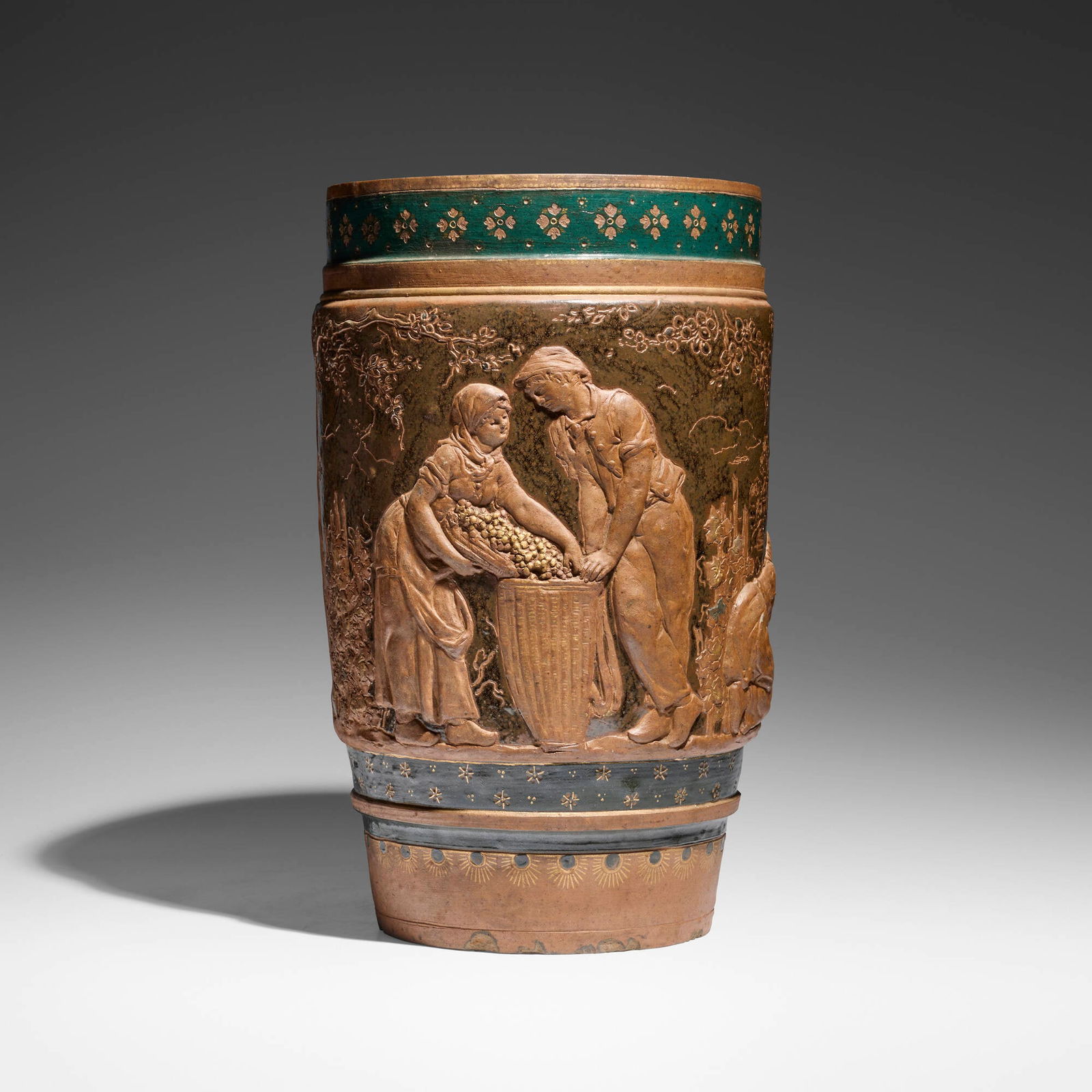 Haviland & Co., Rare floor vase with grape harvest scenes: Haviland & Co. Rare floor vase with grape harvest scenes France, c. 1885hand-carved, glazed and gilt stoneware 22.625 h x 14 dia in (57 x 36 cm) This work was made under the technical directio