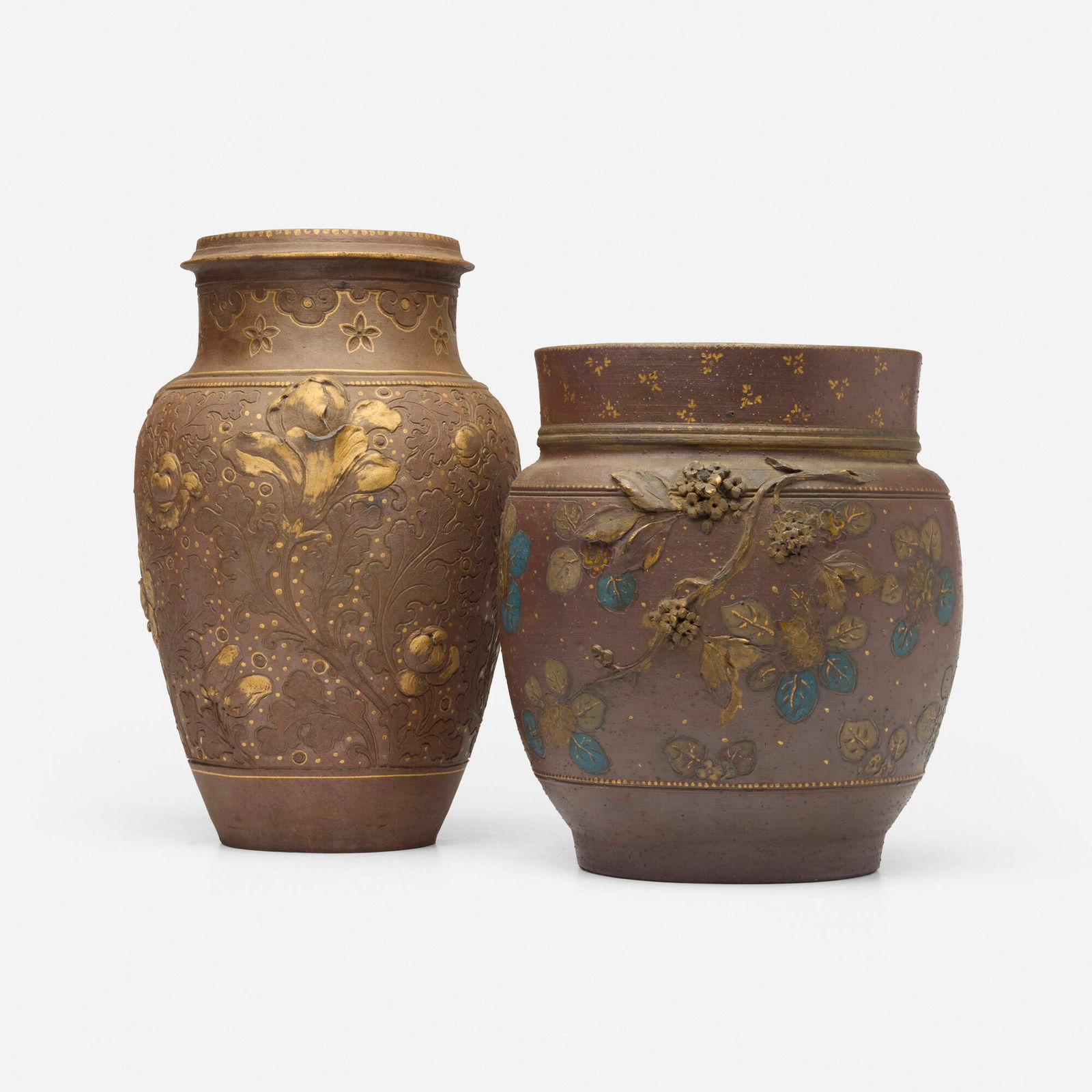 Ernest Chaplet for Haviland & Co., Vases with stylized flowers and leaves, set of two (1 of 6)