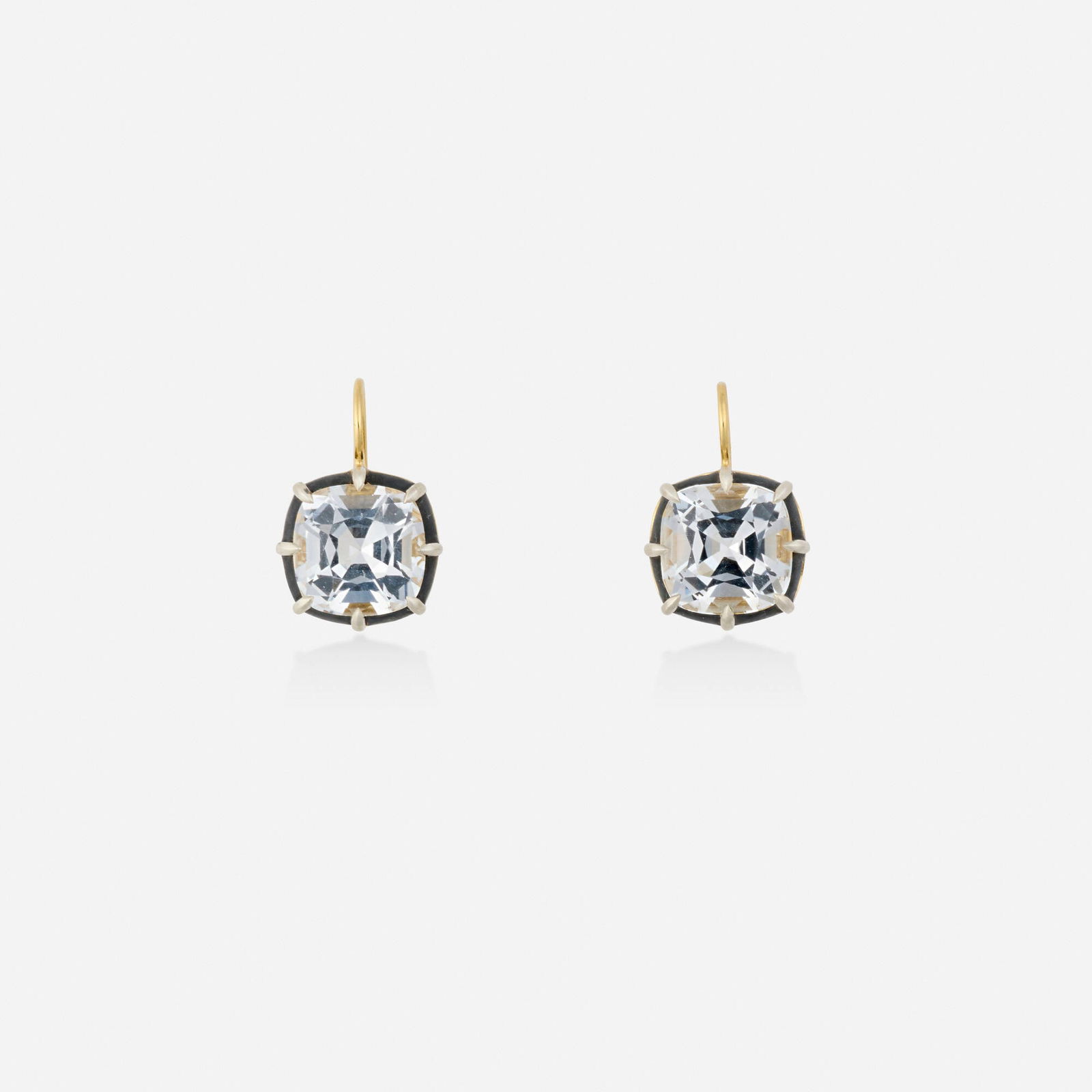 Fred Leighton, White topaz, gold, and sterling silver earrings: Fred Leighton White topaz, gold, and sterling silver earrings Each set with a cushion-cut white topaz Sterling silver-topped 18k yellow gold Signed Fred Leighton, numbered 0.75 x 0.50 in; Gross weig