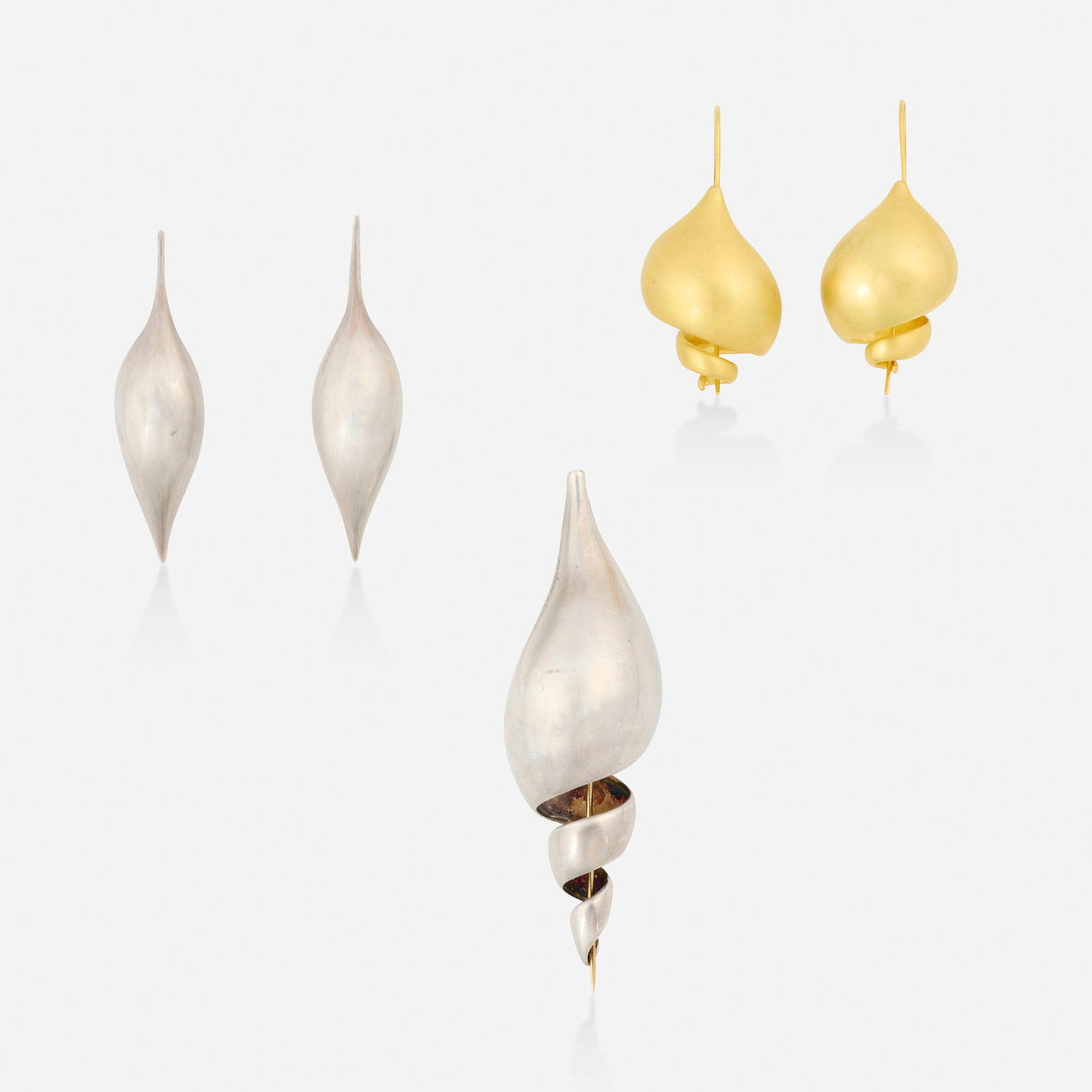 Ted Muehling, Group of jewelry: Ted Muehling Group of jewelry Comprising a 'Spiral Shells' brooch, a pair of 'Snails' earrings, and a pair of 'Pods' earrings Silver and gold-plate Signed Muehling to brooch and one pair of earrings