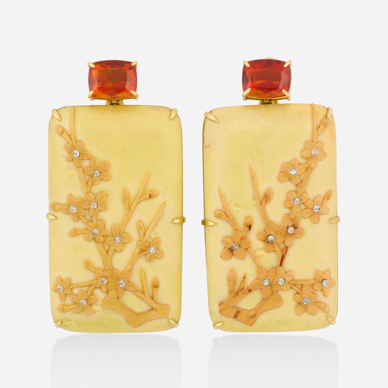 Silvia Furmanovich, Wood, citrine, and diamond earrings: Silvia Furmanovich Wood, citrine, and diamond earrings Each of floral design with carved wood and round brilliant-cut diamonds, suspended from a cushion-cut citrine 18k yellow gold Signed SF 2.75 x