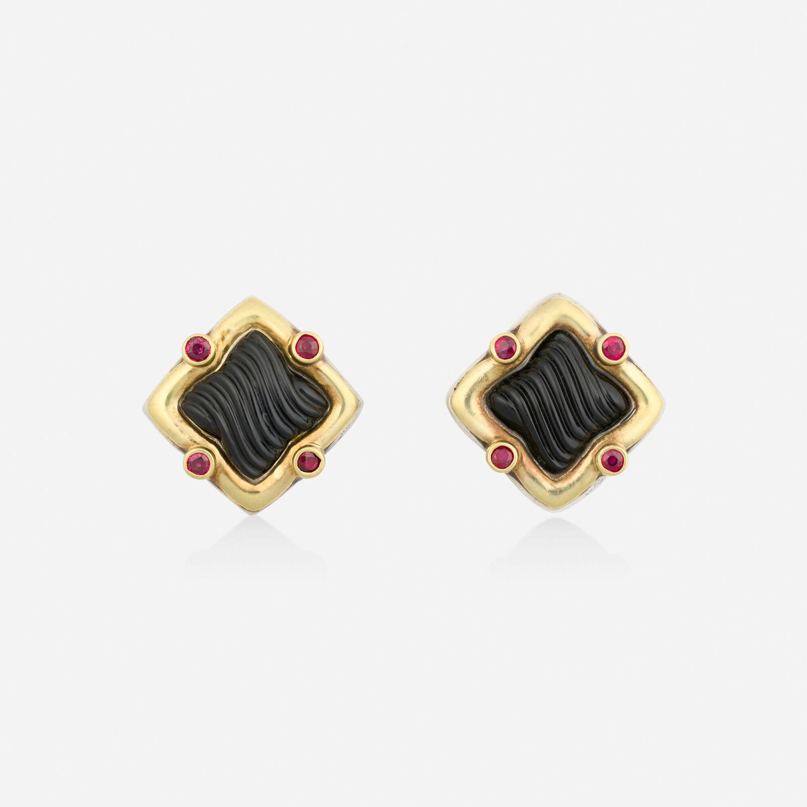 David Yurman, Multi-gem, gold, and sterling silver earrings: David Yurman Multi-gem, gold, and sterling silver earrings Each of quatrefoil design, set with carved black onyx and circular-cut pink tourmaline 18k yellow gold and sterling silver Signed D. Yurman