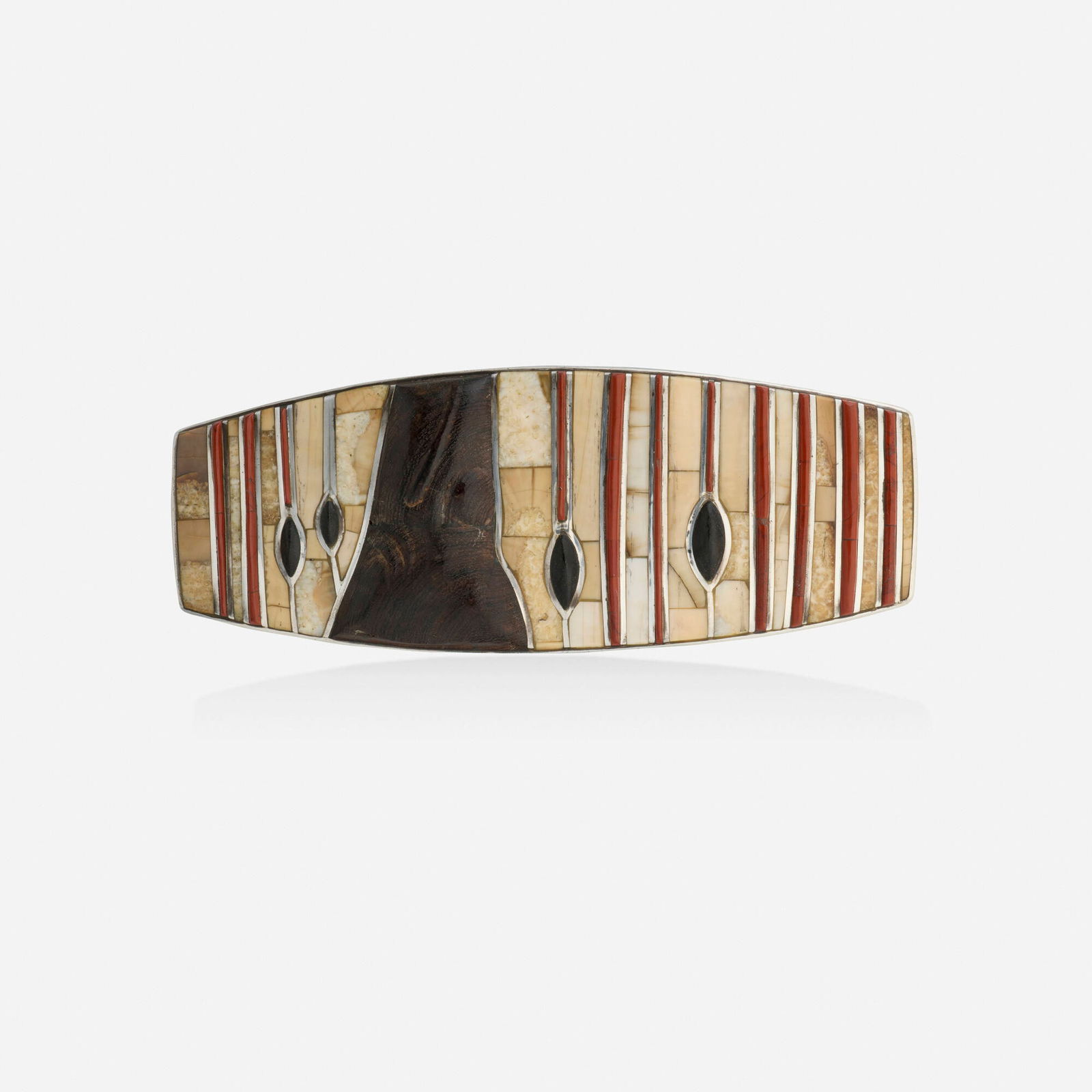 Eveli Sabatie, Wood, bone, and jasper belt buckle: Eveli Sabatie Wood, bone, and jasper belt buckle The tapered belt buckle inlaid with carved wood, jasper, and bone Silver Signed Eveli 5.125 x 2 in; Gross weight 88.9 dwts Th