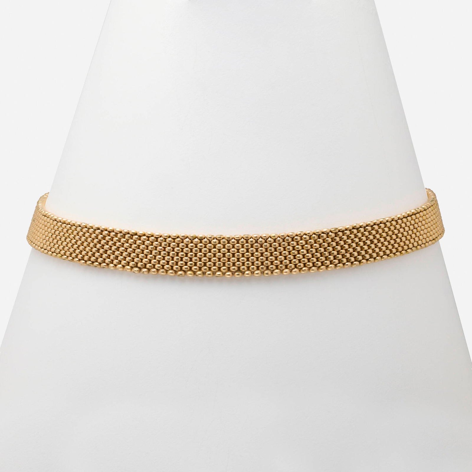 Gold necklace: Gold necklace Of woven mesh design Yellow gold and gold-plate 17 in; Gross weight 23.7 dwts This work will ship from Lambertville, New Jersey.