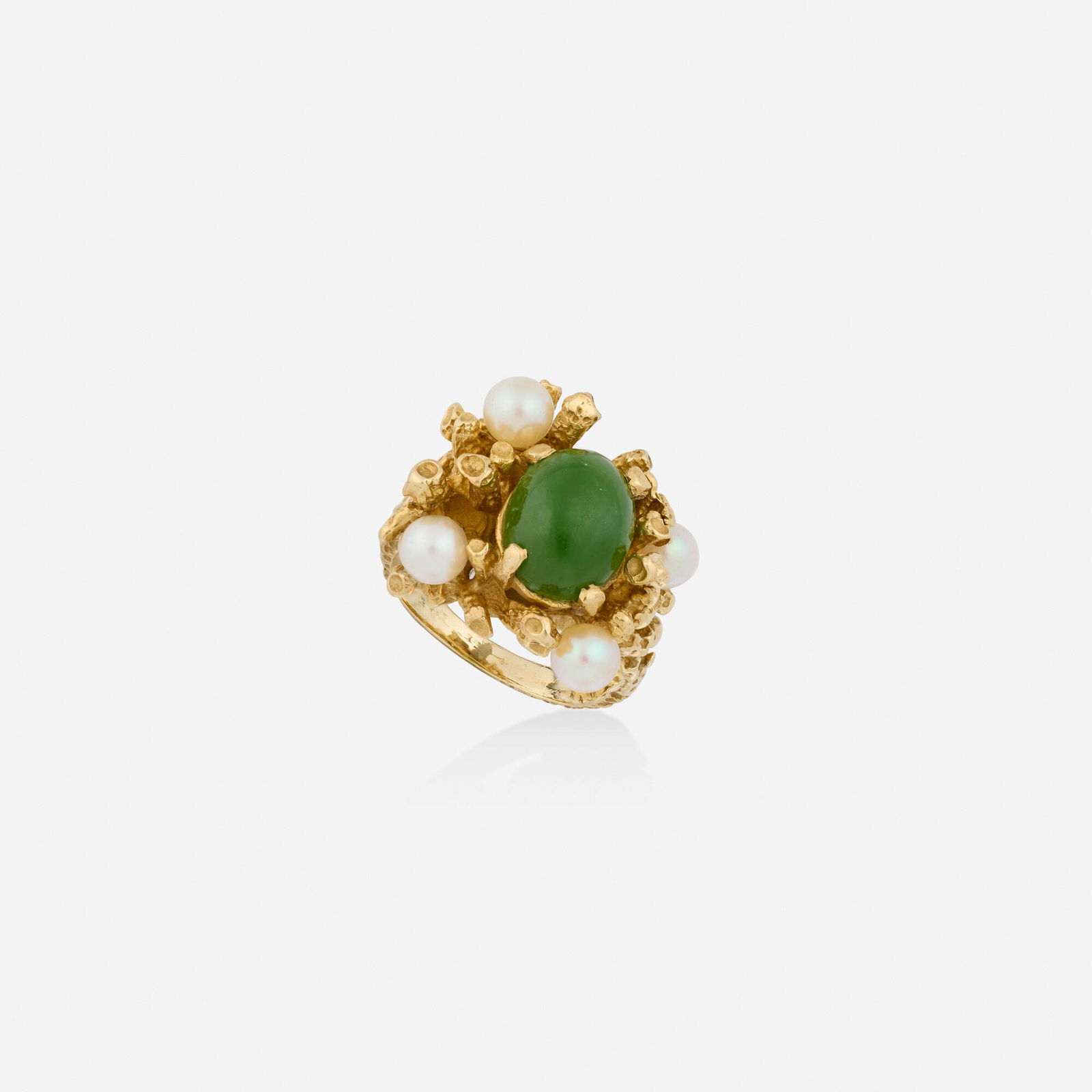 Nephrite jade, cultured pearl, and gold ring: Nephrite jade, cultured pearl, and gold ring Of freeform gold, set with a cabochon nephrite jade and cultured pearls 14k yellow gold Ring size 5.25; Gross weight 6.2 dwts This work will ship from
