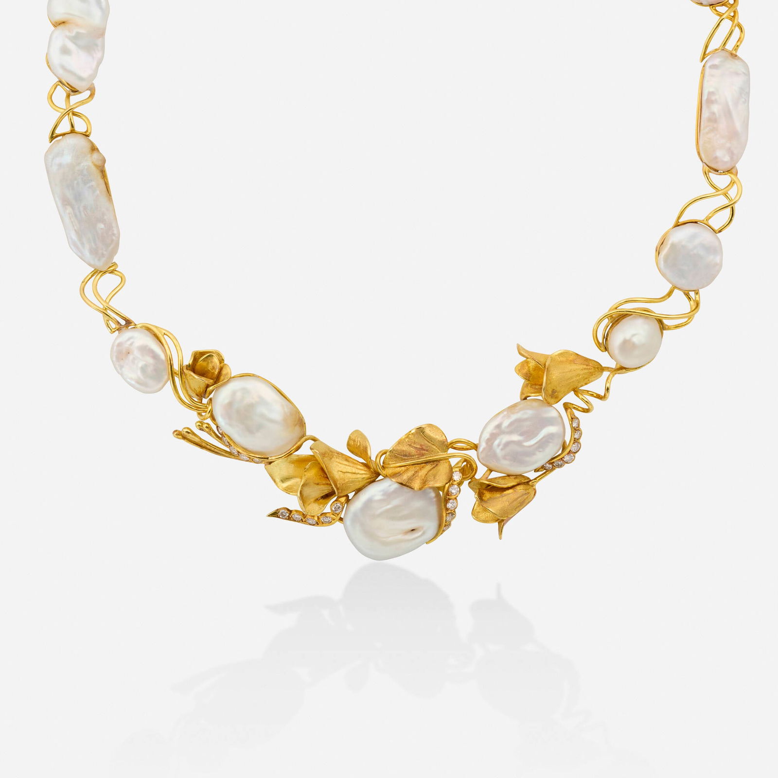 Freshwater cultured pearl, diamond, and gold necklace: Freshwater cultured pearl, diamond, and gold necklace Of foliate design, set with freshwater cultured pearls and round brilliant-cut diamonds Yellow gold Inner circ. 15.50 in; Gross weight 49.4 dwts