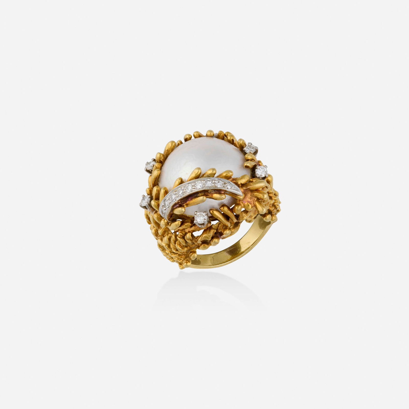 Mabe pearl, diamond, and gold ring: Mabe pearl, diamond, and gold ring Of freeform gold, set with a mabe pearl, round brilliant and single-cut diamonds 18k yellow and white gold Ring size 6.25; Gross weight 13.0 dwts This work will