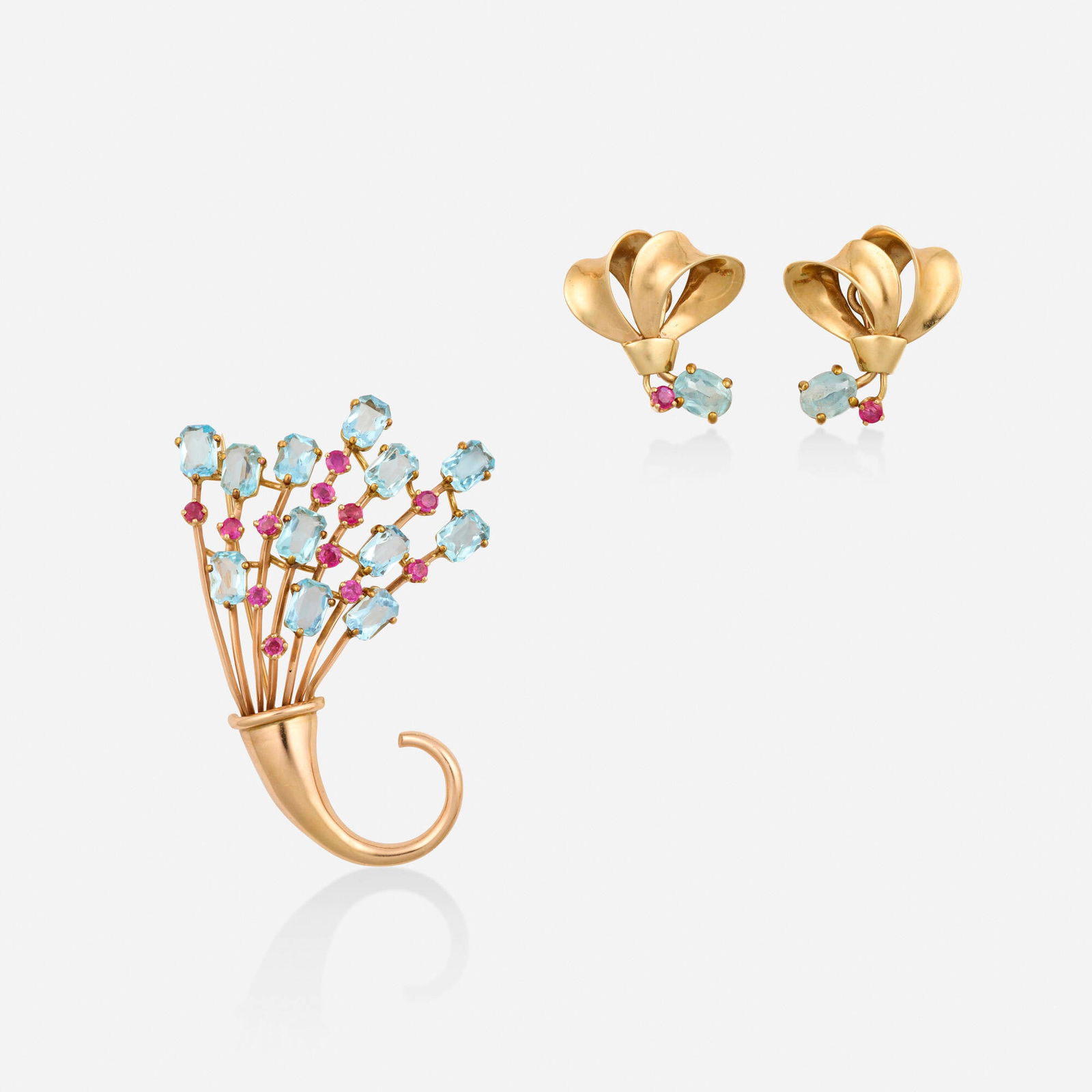Retro, Group of aquamarine, ruby, and pink gold jewelry: Retro Group of aquamarine, ruby, and pink gold jewelry Each of scrolling design, set with circular-cut rubies, oval or octagonal-cut aquamarines 14k pink gold Brooch 2.50 x 1.675 in, earrings 1 x
