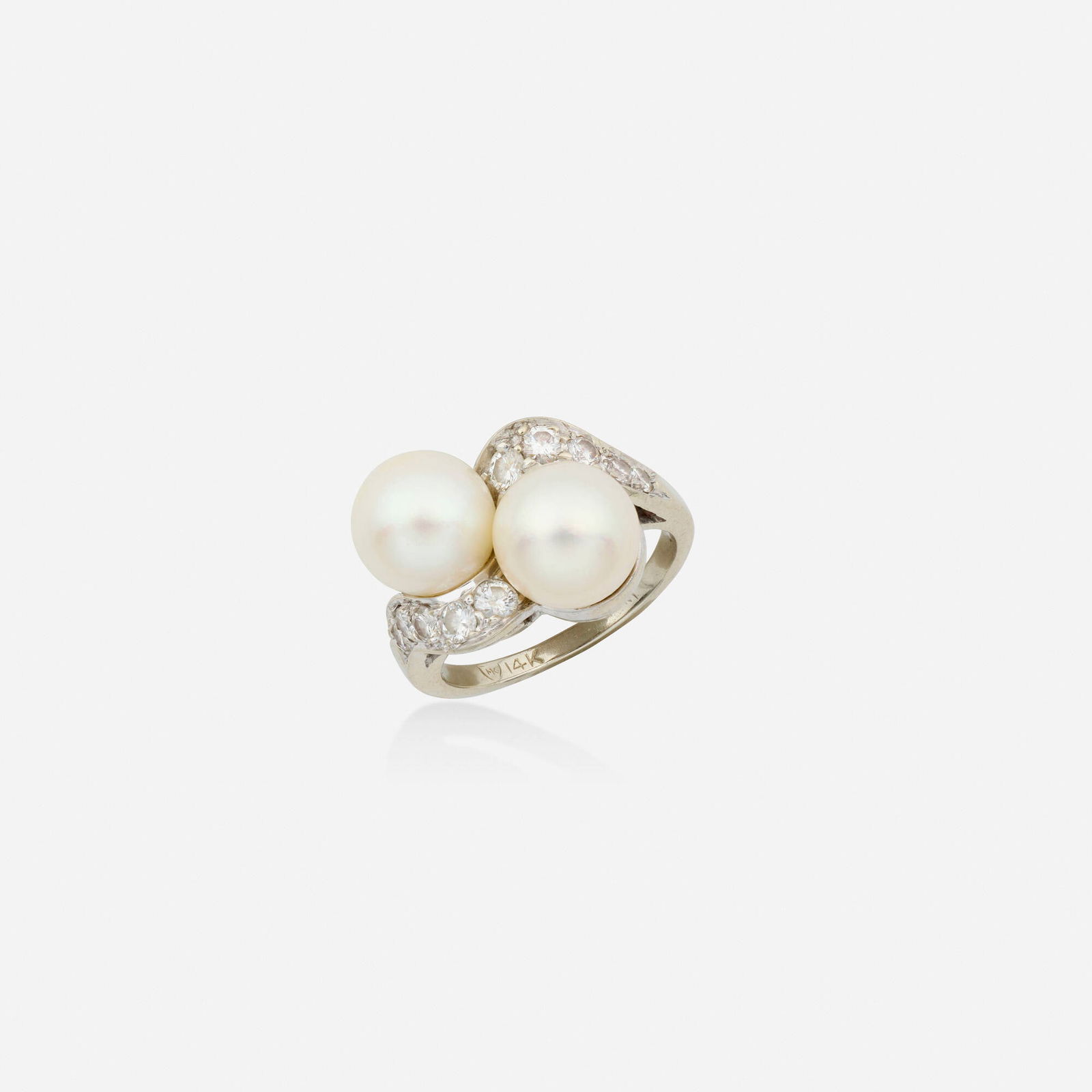 Morris Kaplan and Sons, Cultured pearl, diamond, and white gold ring: Morris Kaplan and Sons Cultured pearl, diamond, and white gold ring Of crossover design, set with cultured pearls and round brilliant-cut diamonds 14k white gold Signed with maker's mark for Morris