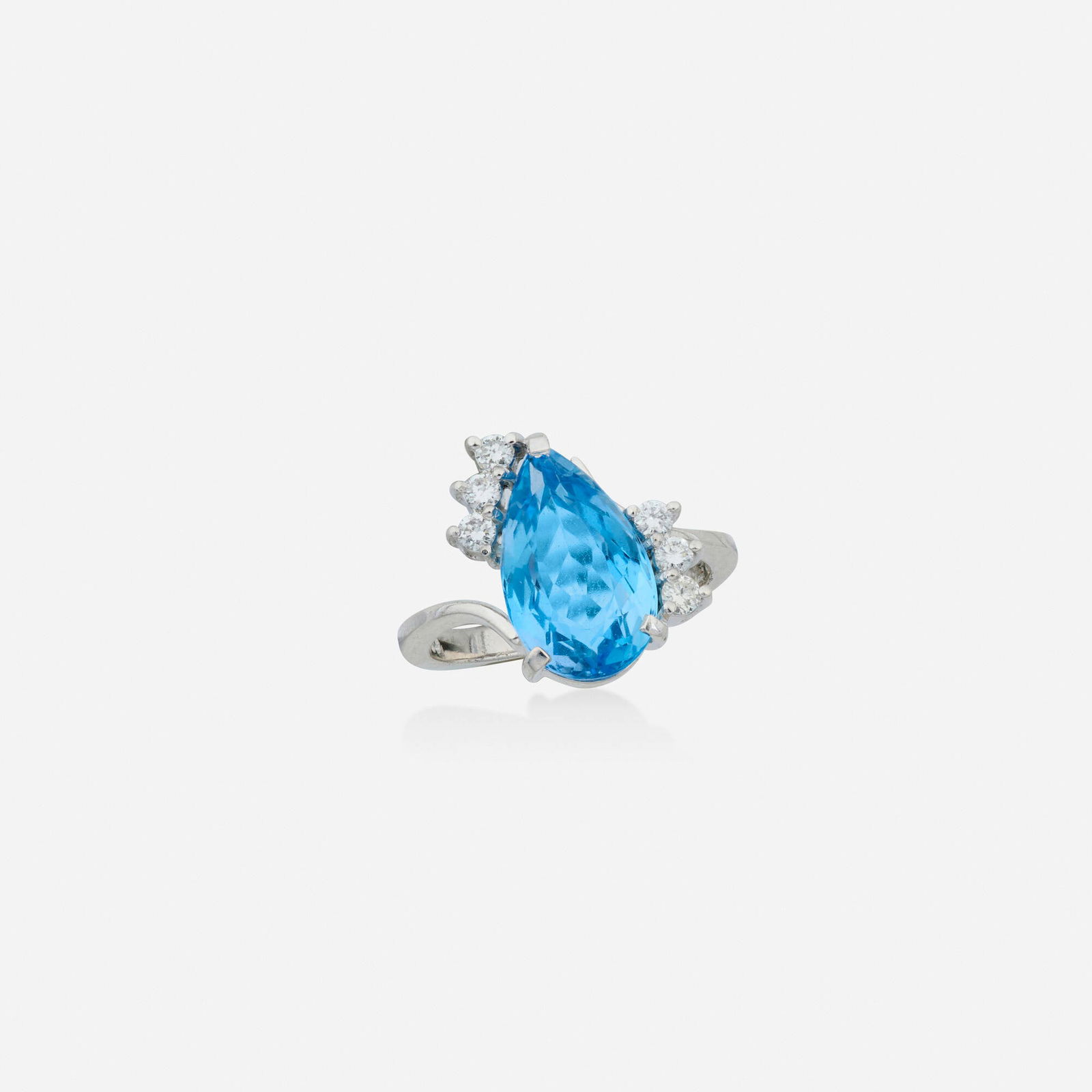 Aquamarine, diamond, and white gold ring: Aquamarine, diamond, and white gold ring Set with a pear-shaped aquamarine and round brilliant-cut diamonds 18k white gold Ring size 5.50; Gross weight 3.2 dwts This work will ship from