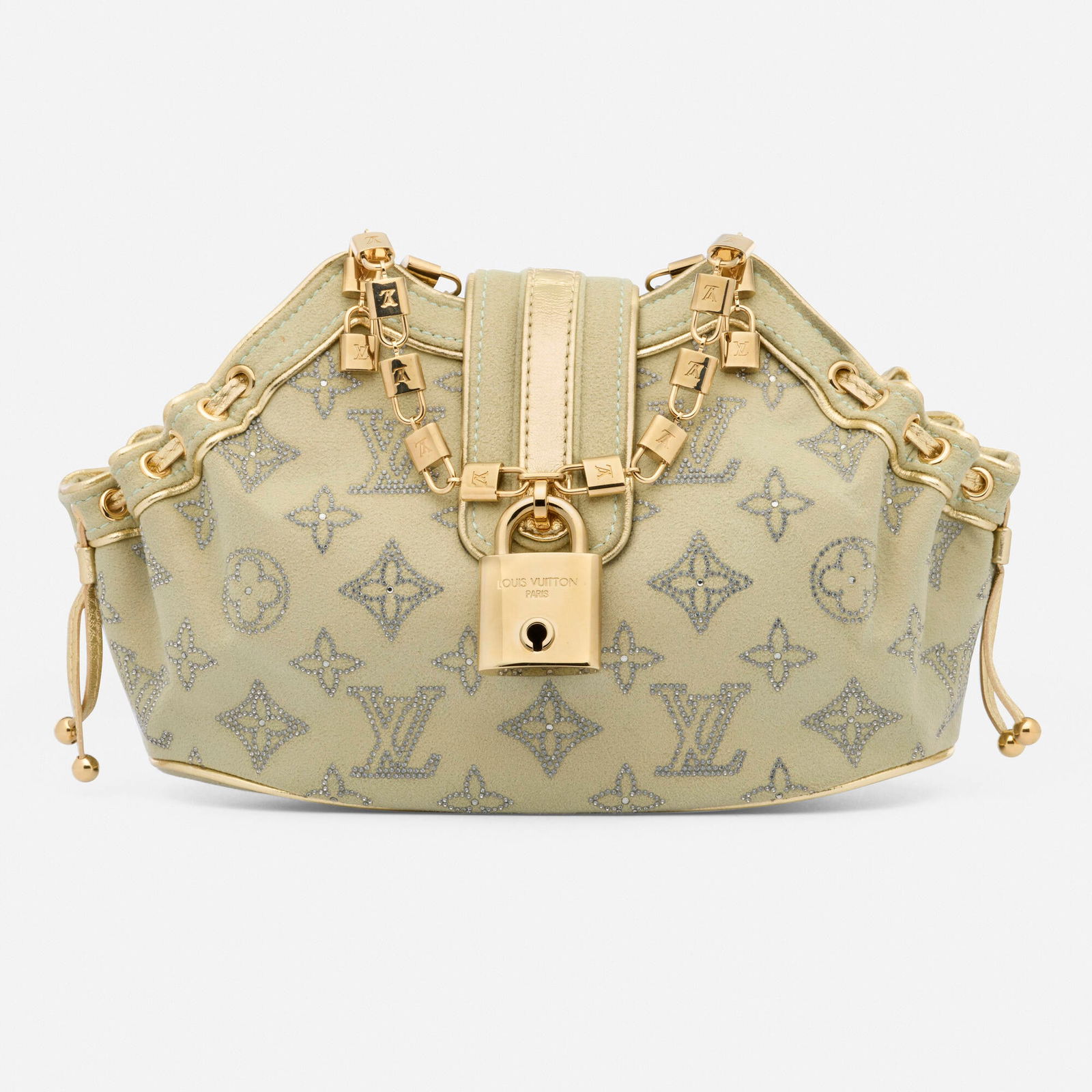 Louis Vuitton, 'Strass Theda' bag: Louis Vuitton 'Strass Theda' bag Green suede with Swarovski monogram Suede, gold silk, leather, metal Signed Louis Vuitton 10.50 x 3 x 10 in Sold with dust bag This work will ship from