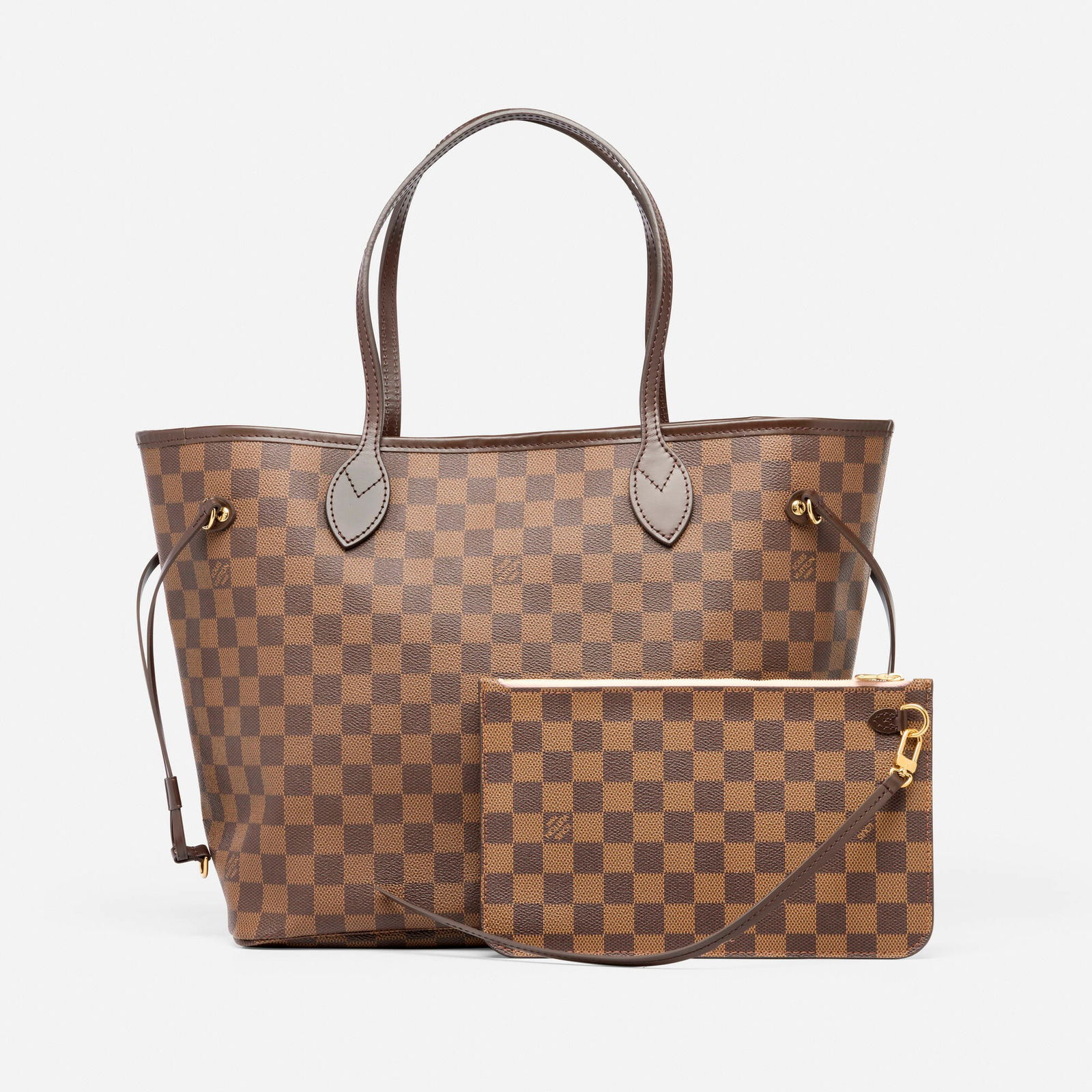 Louis Vuitton, 'Neverfull MM' tote bag and clutch: Louis Vuitton 'Neverfull MM' tote bag and clutch Brown Damier Ebene Canvas, leather, metal Signed Louis Vuitton to each example 18 x 6 x 19 in and 9.75 x 6 in Sold with signed bag, box, and dust