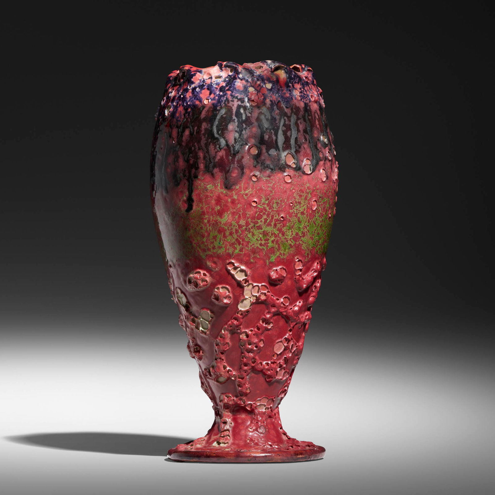 George E. Ohr, Large coupe: George E. Ohr Large coupe USA, 1897-1900 glazed earthenware 8.5 h x 4 dia in (22 x 10 cm) Vase features a pinched and folded rim, pedestal base, and a raspberry "blister" and sponged-on purple,