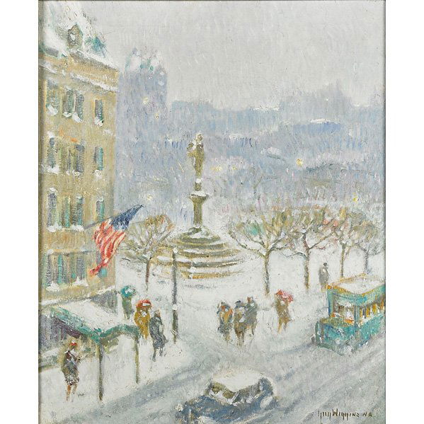 Guy Carleton Wiggins (American, 1883-1962): At the Plaza, Winter; Oil on canvas (framed); Signed and titled; 24 1/8" x 20"; Provenance: Private Collection, Texas Note: This work is accompanied by a letter of authenticity from Guy Wiggins, Jr.