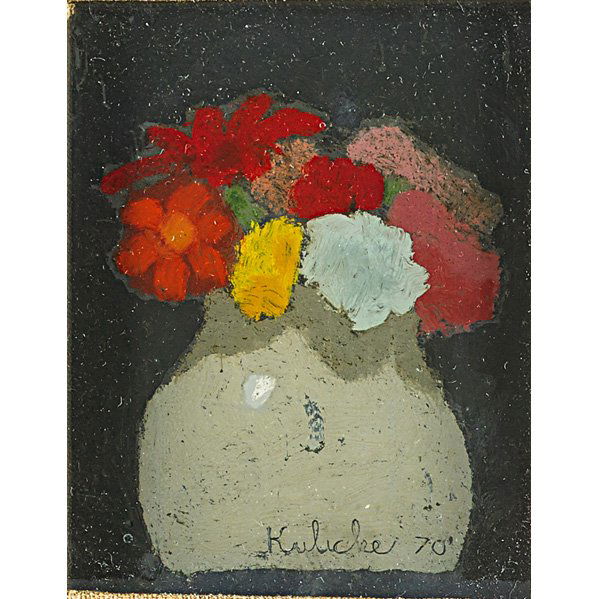 Robert Moore Kulicke (American, 1924-2007): Two works of art: Untitled (Flowers in Vase), 1970; Oil on Plexiglas (artist frame); Signed and dated; 4 3/8" x 3 1/2" (sight); Untitled, 1963; Ink on shellacked paper (framed); Signed and dated; 7 1/