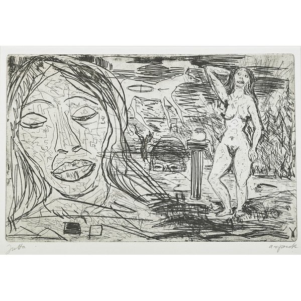 A.R. Penck (German, b. 1939): Jutta; Dry point and etching on paper; Signed and titled; 12 1/2" x 19 1/4" (plate); 15 5/8" x 21 1/8" (sheet)