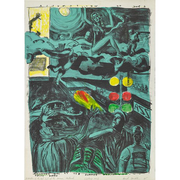 David Sandlin (Irish, b. 1956): Two works of art: Assumption of the Bud Girl at the Summer Nationals, 1985; Hand painted lithograph on paper; Signed, dated, titled and numbered "working proof"; 27 5/8" x 20"; TV Guernica, 1985; Lith