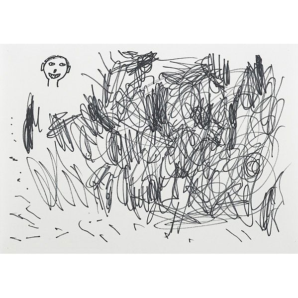 David Shrigley (British, b. 1968): Untitled (Scribble and Head), 1996; Marker on paper (framed); 8 1/4" x 11 5/8" (sheet); Provenance: Galleri Nicolai Wallner, Copenhagen (label on verso)