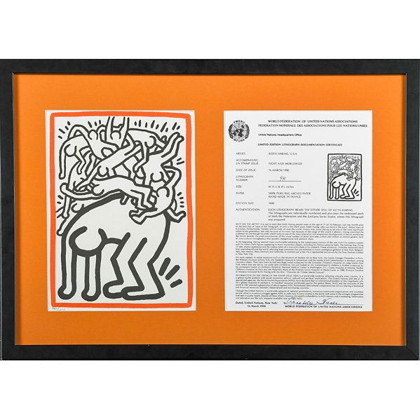 Keith Haring (American, 1958-1990): Untitled (Fight Aids Worldwide), 1990; Lithograph in colors (framed); Numbered 941/1000; 10 3/4" x 8 1/8" (sight); Provenance: Private Collection, New Jersey Note: Framed with the original, signed let